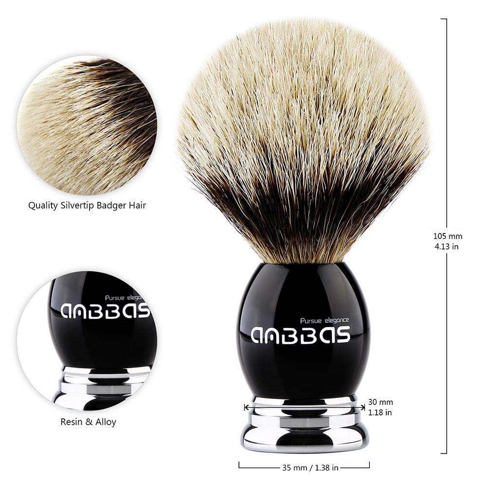 Anbbas Shaving Brush and Stand,Silvertip Badger Hair Brush Black Resin Alloy Handle with Stainless Steel Shaving Stand for Double Edge Safety Razor Straight Razor for Men