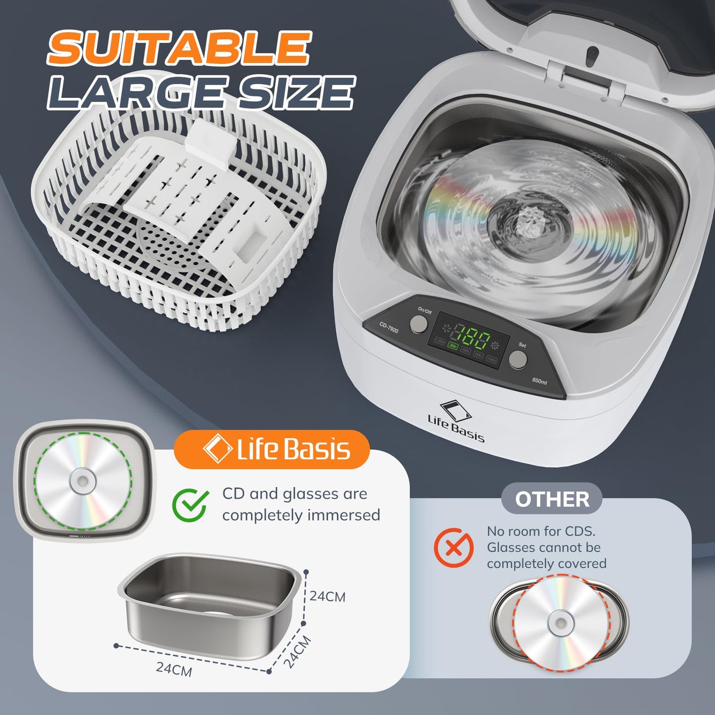 Ultrasonic Jewelry Cleaner Life Basis Ultrasonic Cleaner Machine 850ml (28 Ounces) LCD Screen with 5 Digital Timer Watch Stand CD Holder for Jewelry CD DVD Watches Glasses Makeup Brush