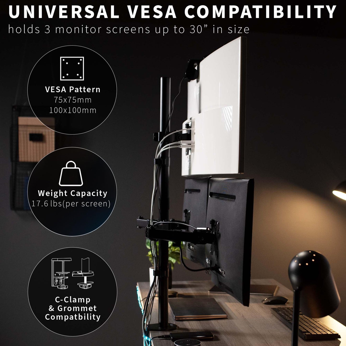 VIVO Triple LCD Monitor Desk Mount Stand Heavy Duty and Fully Adjustable, 3 Screens up to 30 inches STAND-V003T