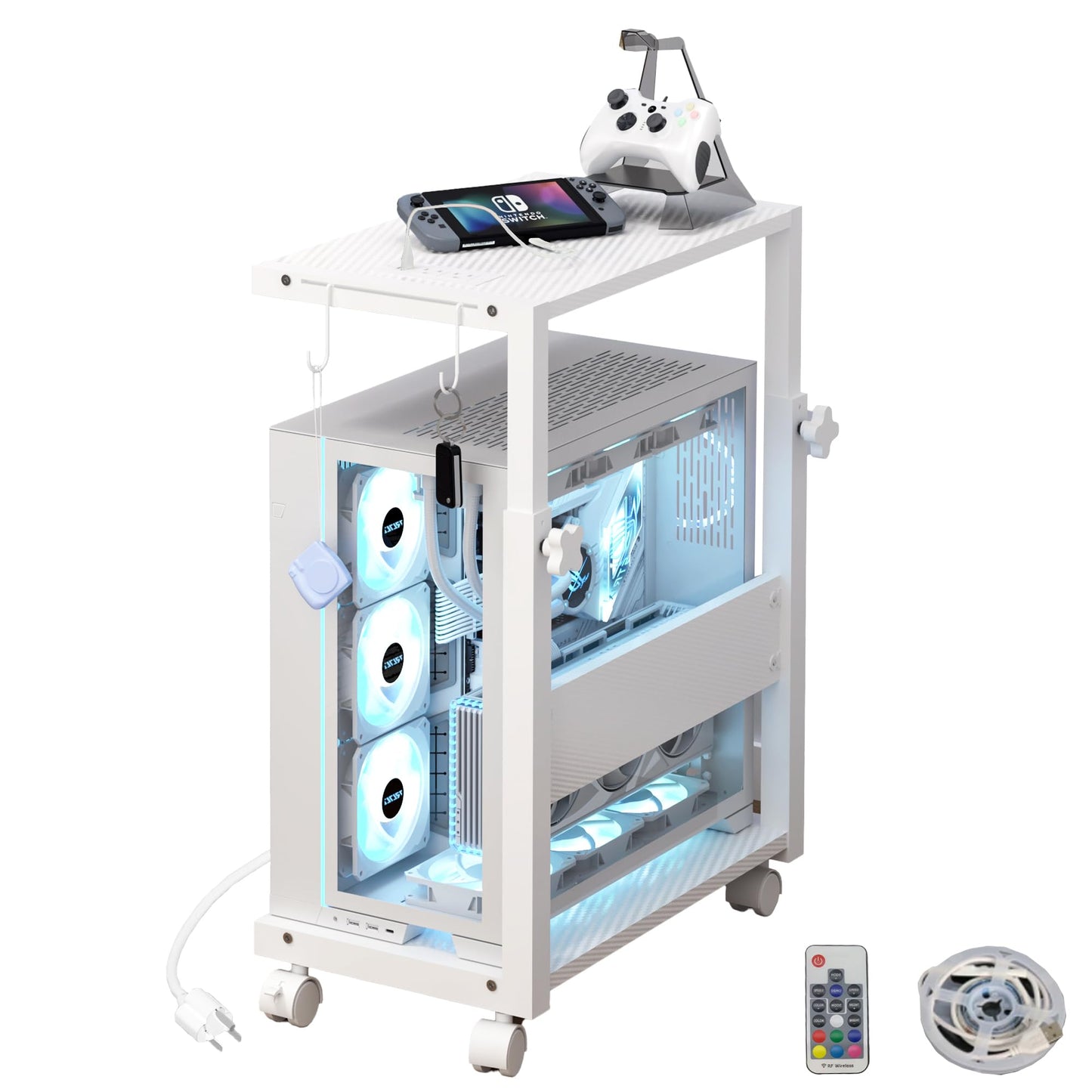 Computer Tower Stand with LED Light Strip,Mobile Rolling CPU Holder,Height Adjustable PC Tower Stand with Charging Station for Office Home (White)