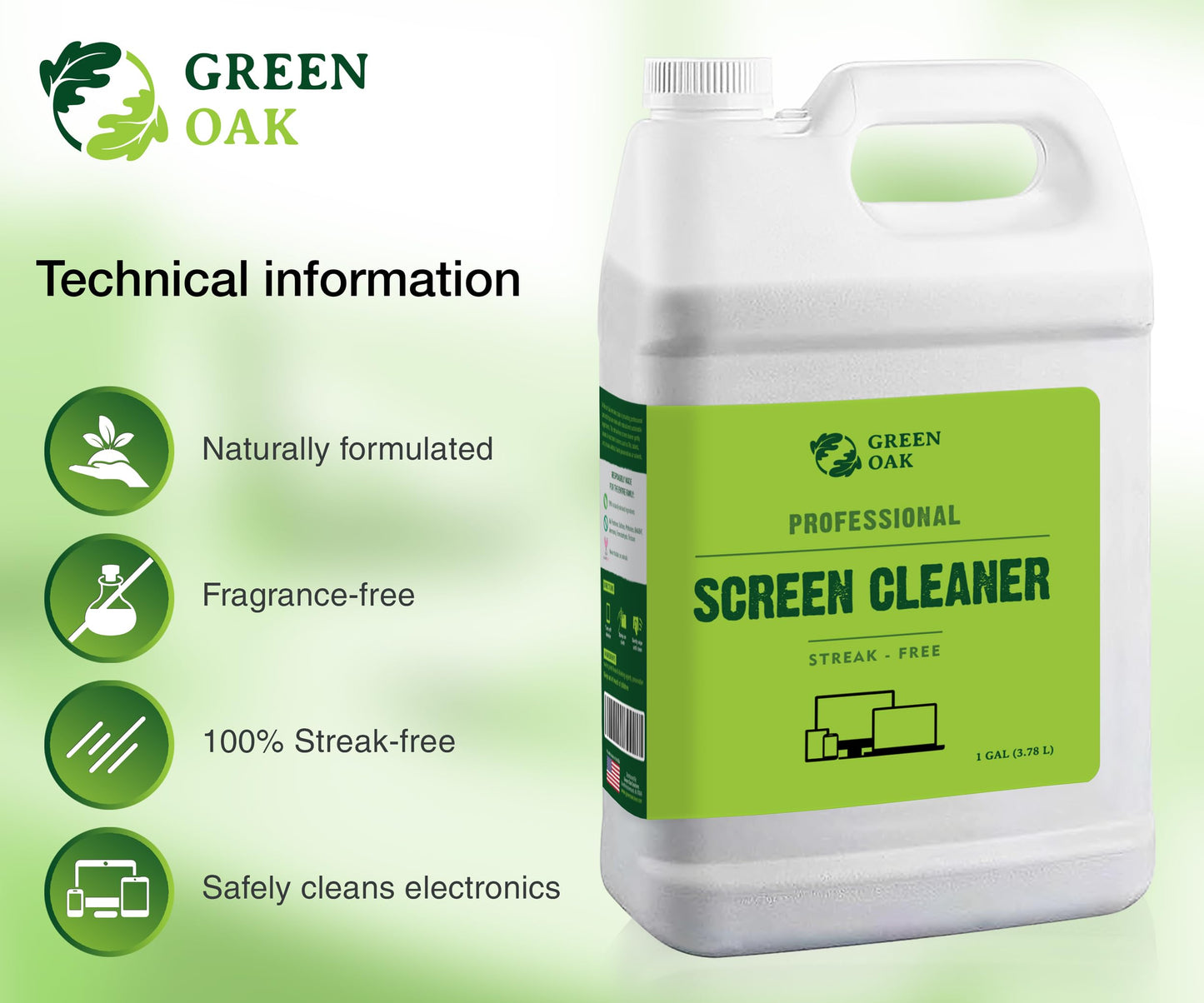 Green Oak Screen Cleaner Refill Professional Screen Cleaner Spray - Best for LCD & LED TV, Tablet, Computer Monitor, Phone - Safely Cleans Fingerprints, Dust, Oil (1 Gallon)