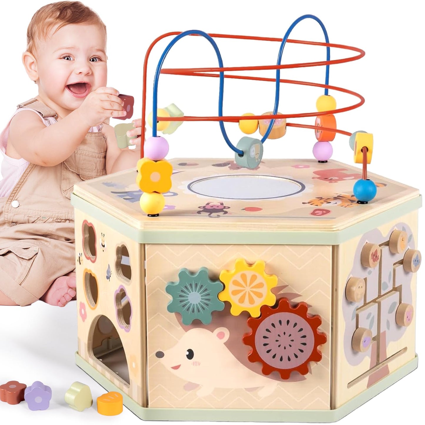 aiwo 7-in-1 Activity Cube for Toddlers 1-3 Montessori Toys, Wooden Large Activity Center for 1 Year Old Baby, Educational Sensory Learning Toys for Boys and Girls Birthday Gifts