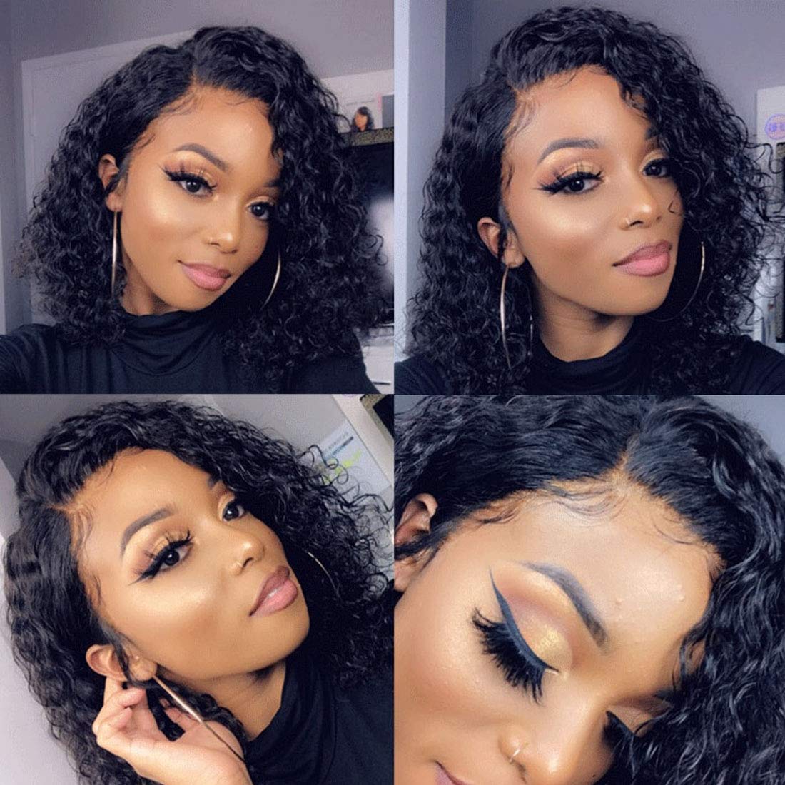 SINGLEBEST Curly Water Wave Bob Human Hair Wigs Brazilian Virgin Hair 130% Density Glueless Lace Front 4x4 Closure Wig for Women Natural Color 10inch