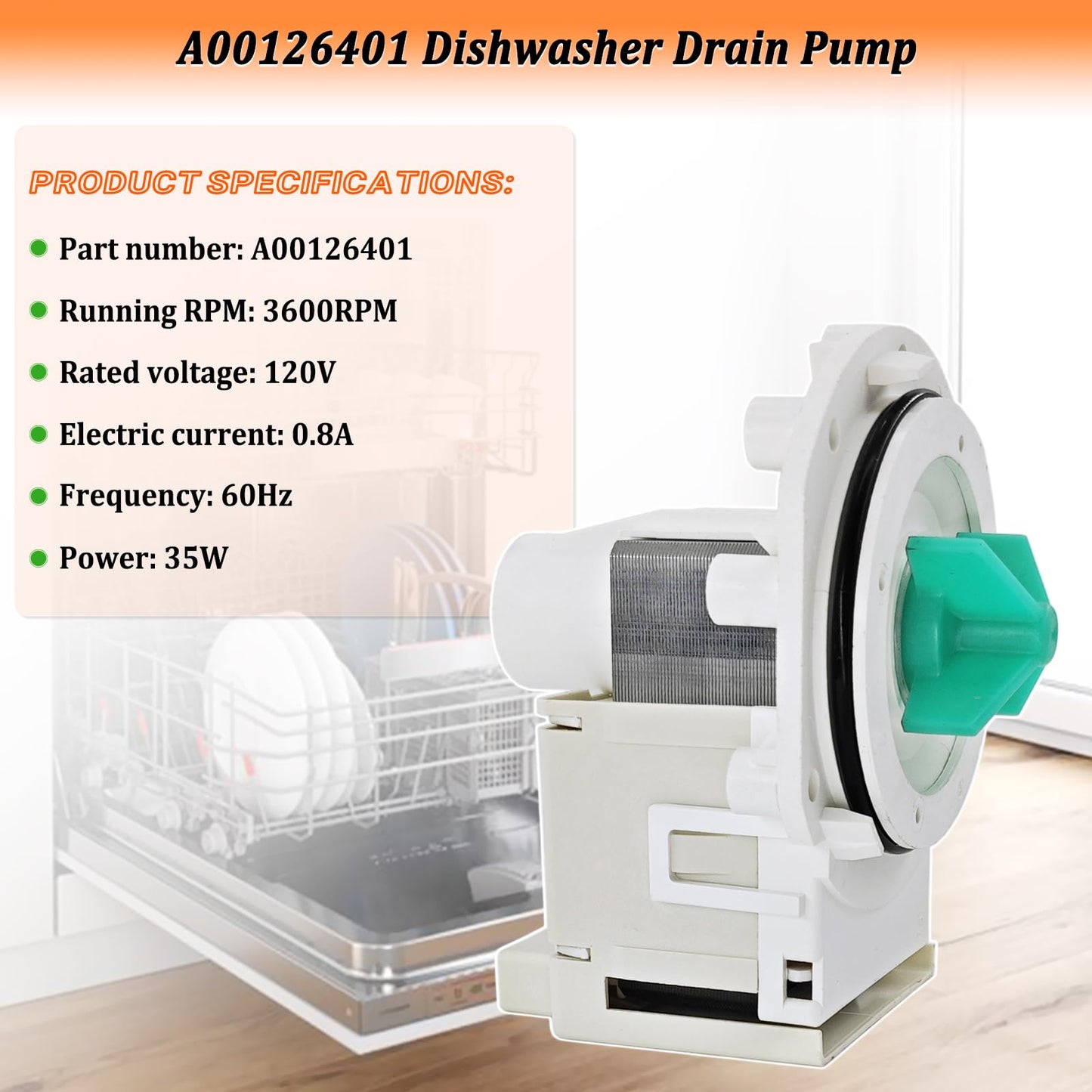 A00126401 Dishwasher Drain Pump for Frigidaire Dishwasher Pump Replacement Parts 154736201 5304492415 AP5690431