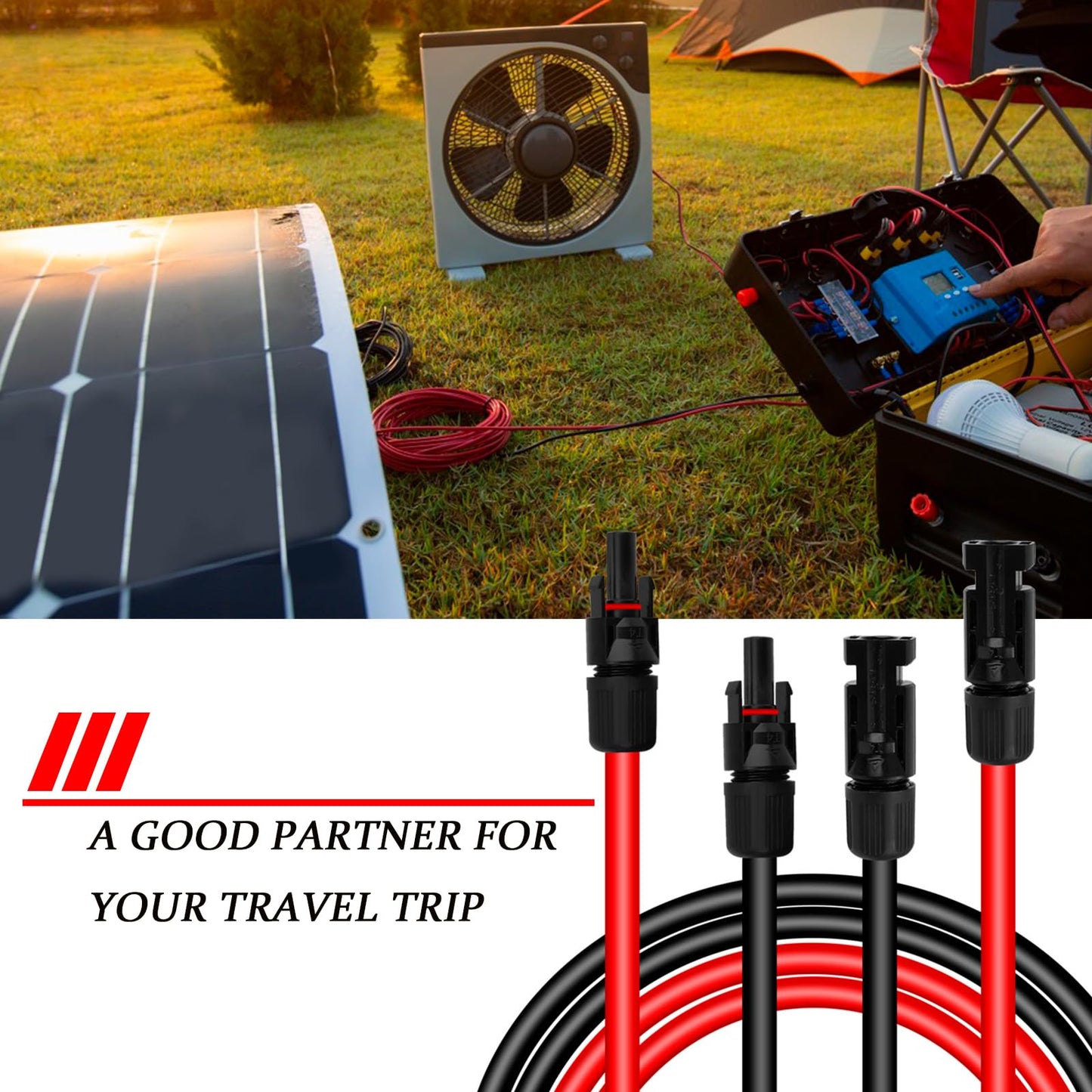 OPL5 30 Feet 10AWG Solar Panel Extension Cable with Female and Male Connector with Storage Bag Weatherproof Cable Kit for RV Camper Ferry (30FT Red + 30FT Black 10AWG)
