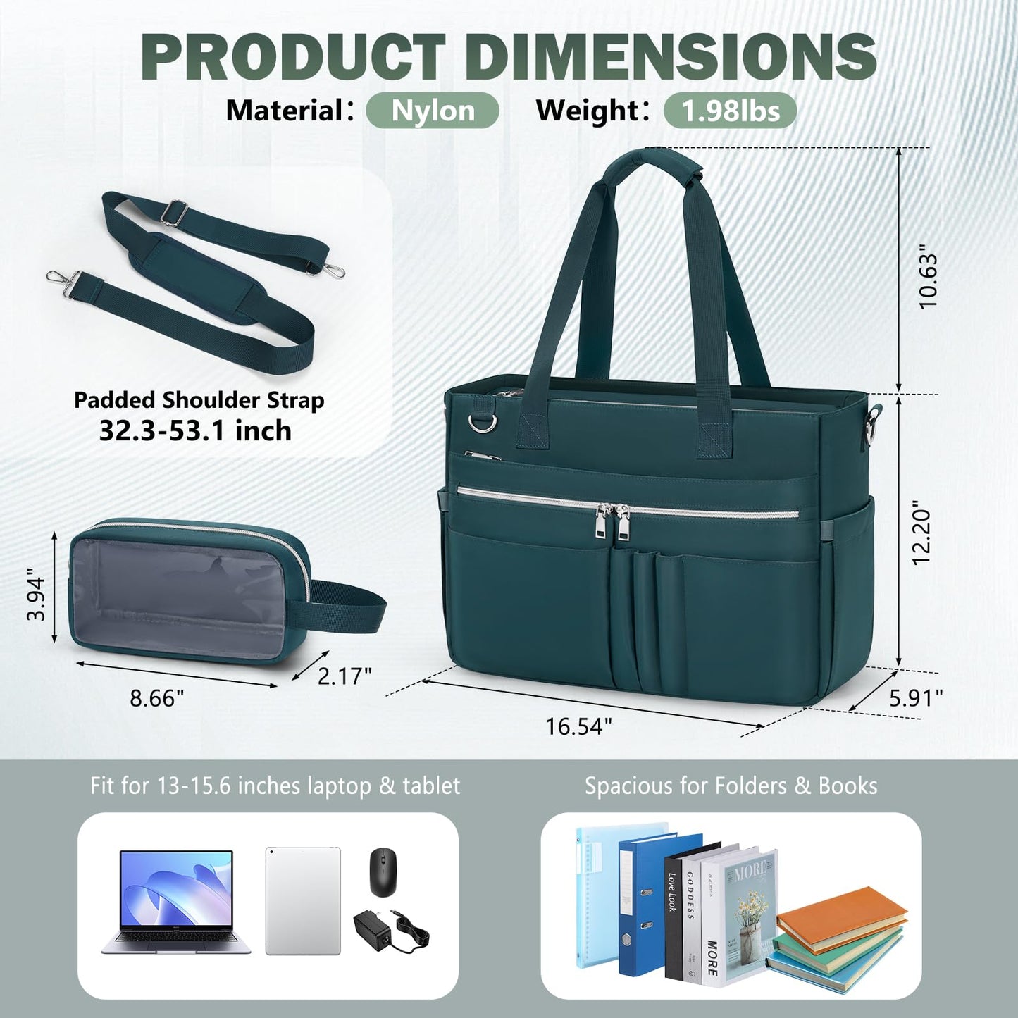 Teacher Tote Bag for Women 15.6 Inch Laptop Briefcase with Clutch Bag, Nurse Bags Professional Work Handbag for Office College Nursing, Large Utility Tote Messenger Shoulder Bag, Dark Green