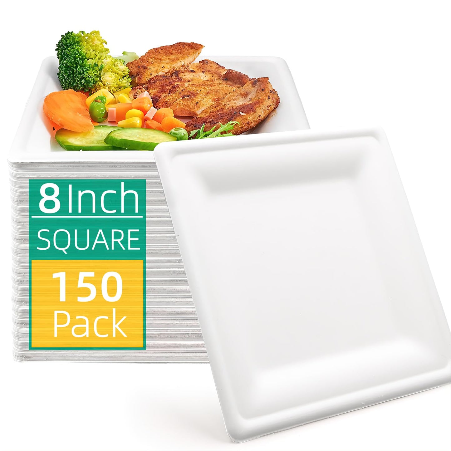 150 Pieces Square Paper Plates, 8-inch Compostable Disposable Plates, Eco-Friendly Heavy Duty Biodegradable Sugarcane Plates for Party Dinner Birthday