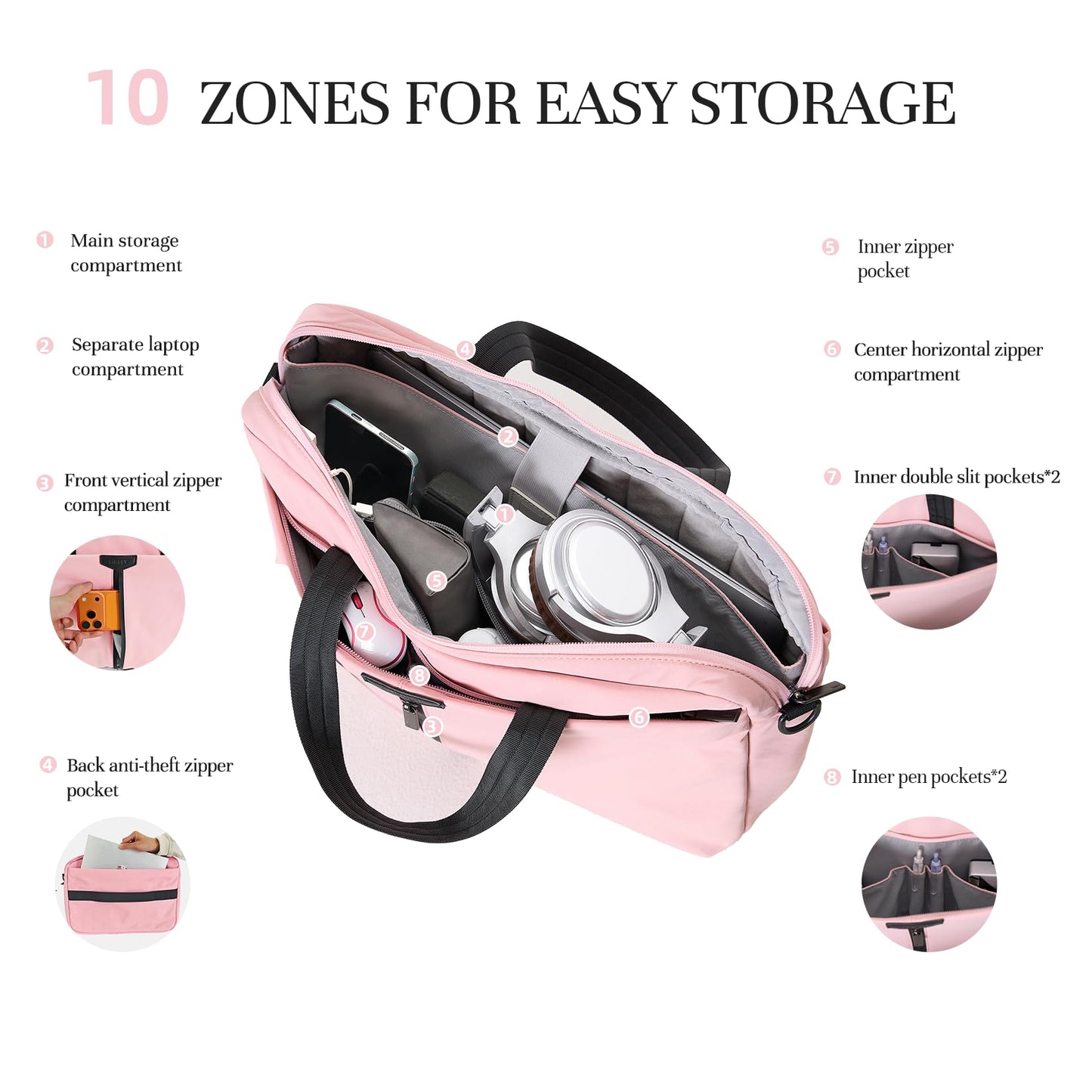 Timeet 17.3 Inch Laptop Bag for Men Women, Lightweight Computer Bag Laptop Briefcase with Shoulder Strap, Water-Resistant Laptop Shoulder Bag Work Bag Business Travel Office, Dusty Pink