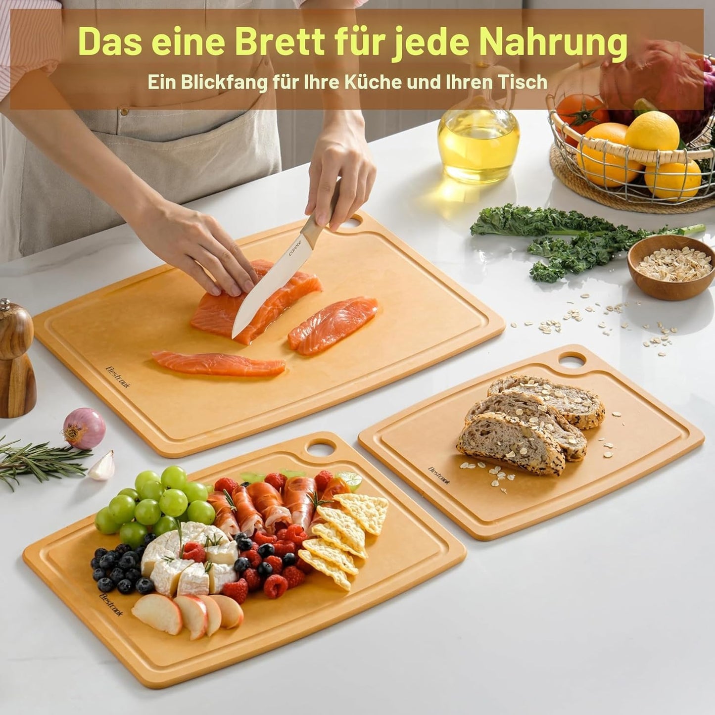 BESTCOOK Wood Fiber Cutting Board for Kitchen, BPA-Free Reversible Durable Chopping Board with Juice Groove, Non-Porous Dishwasher Safe, Non-Slip, Knife Friendly for Meat Bread Fruit, Natural