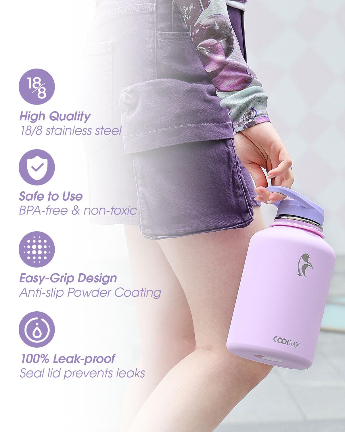 Coolflask Half Gallon Water Bottle with Strap, 64oz Insulated Water Jug Stainless Steel with Straw & Spout Lids, Metal Large Water Flask, Keep Cold 48h Hot 24h, Leak Proof & Non-BPA, Lavender