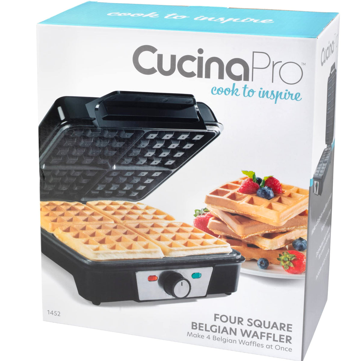 CucinaPro Four Square Belgian Waffle Maker, Extra Large Stainless Steel Kitchen Appliance w Nonstick Waffler Iron Plates Makes 4 Fluffy Waffles, Great Griddle for Family Breakfast or Housewarming Gift