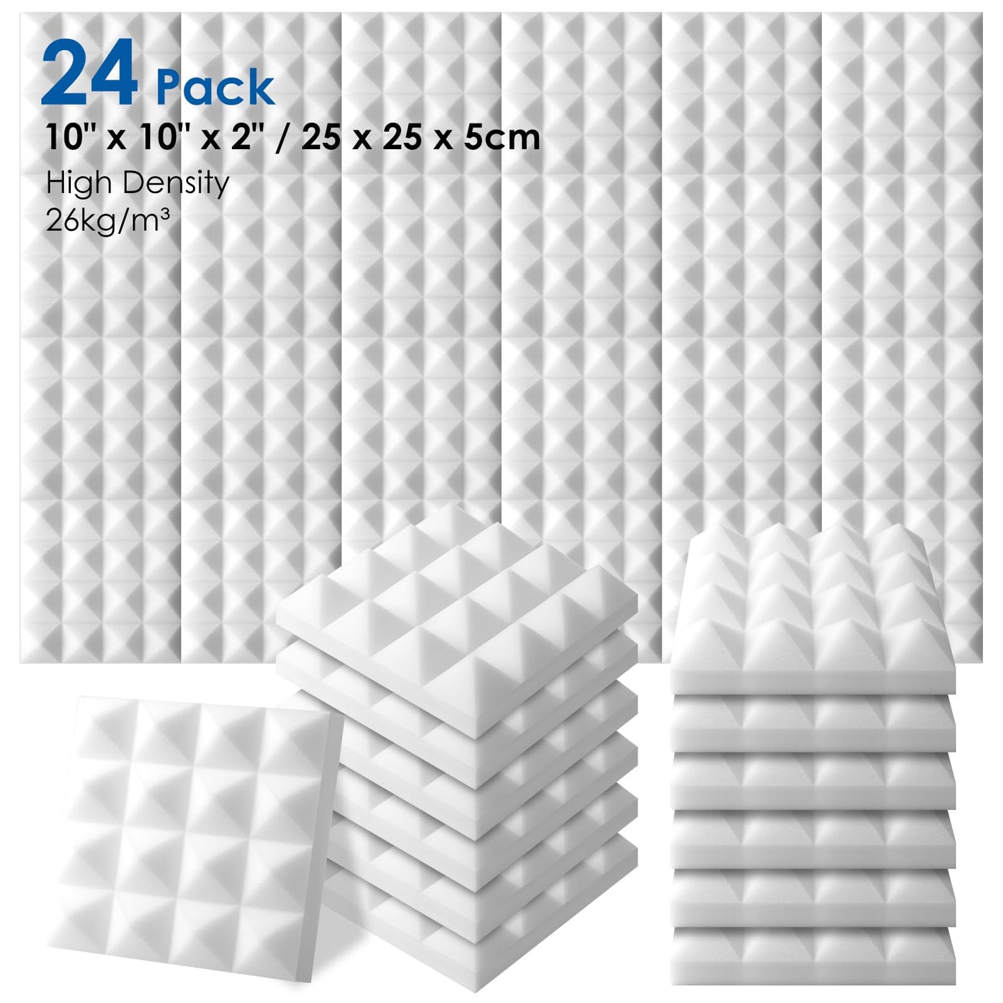 Arrowzoom 24 Pack Sound Proof Panels – High Density Pyramid Acoustic Foam 25x25x5cm for Studio, Office & Home, Noise Reduction Wall Panels, Fire Retardant – Pearl White 1034