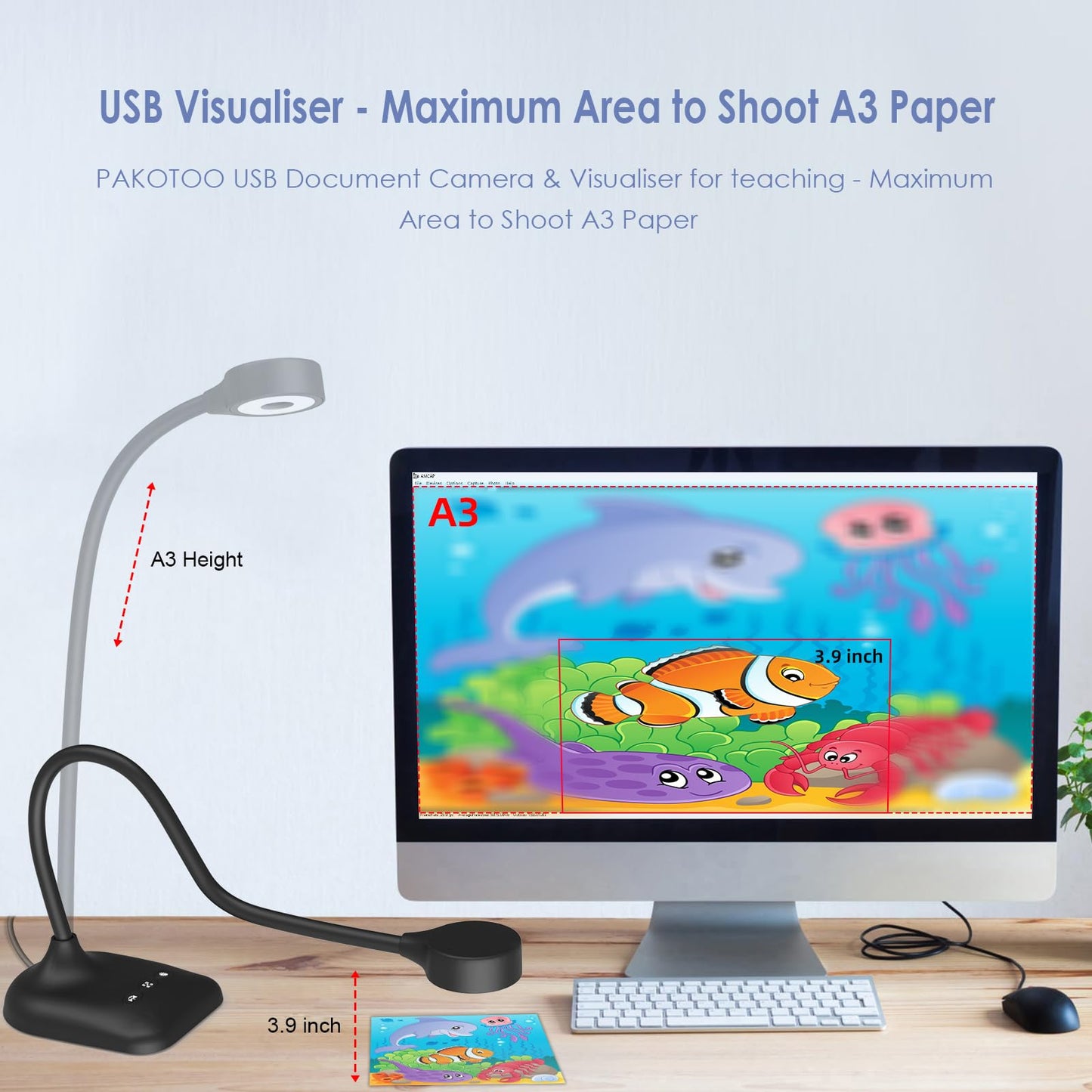 PAKOTOO USB Document Camera, Doc Camera for Teachers, Webcam for Classroom with A3 Format, 3-Level LED Lights, Image Invert, Fold, Dual Mic for Mac OS, Windows, Zoom, OBS Work with Distance Learning
