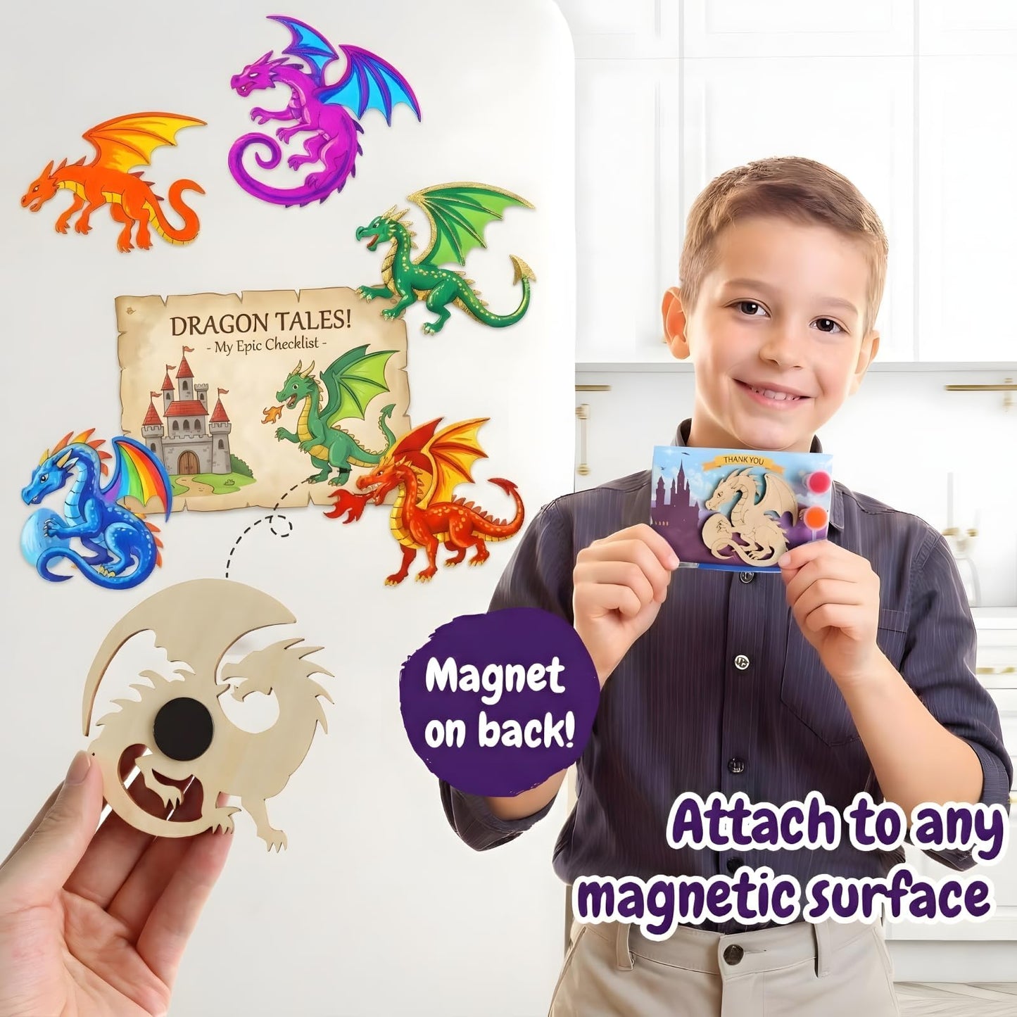Dragon Party Favors for Kids - 12PCS Paint Your Own Wooden Magnet Kits with Thank You Cards, Individually Wrapped Dragon Birthday Decorations & Party Supplies for Boys & Girls