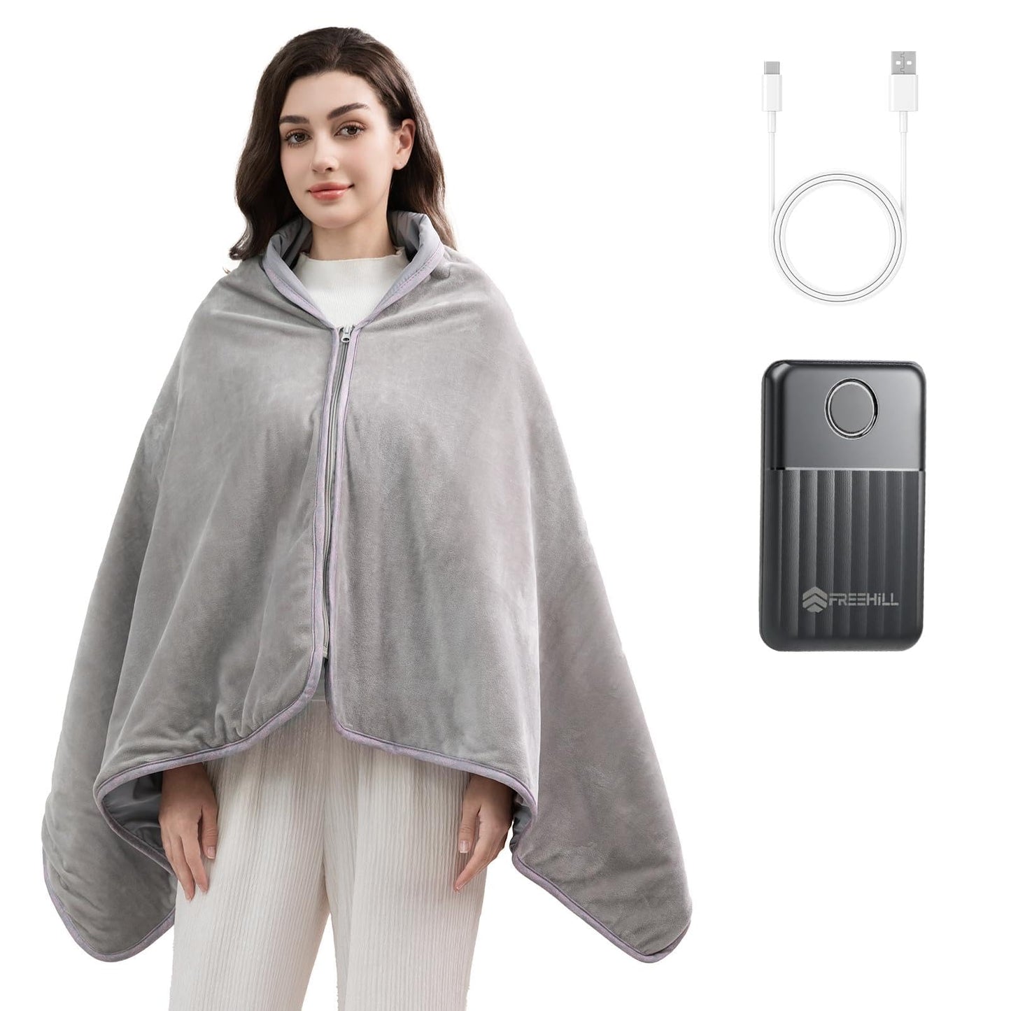 FREEHILL Heated Blanket Battery Operated, 9V Portable Cordless Heated Blanket Wearable Shawl, Gifts for Mom Women, Heating Throw with 4 Heating Area, 65x31.5 Inches