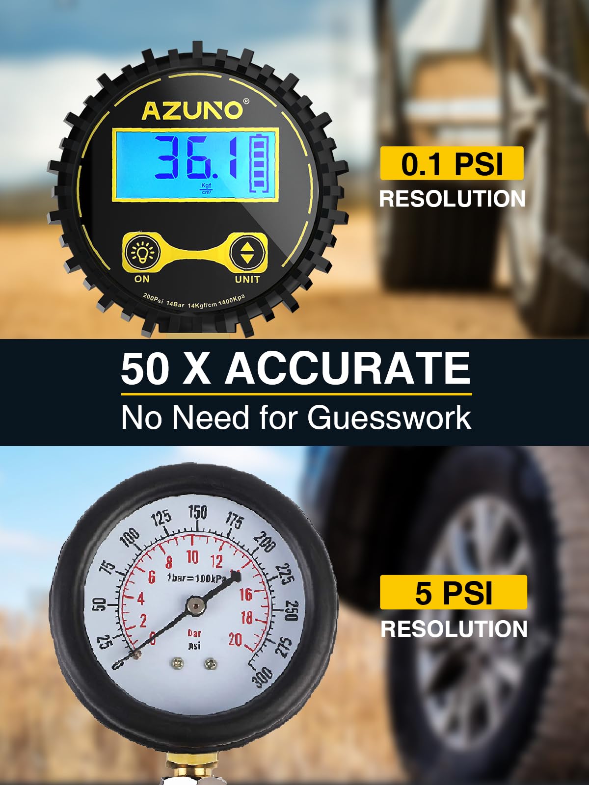 AZUNO Digital Tire Inflator with Pressure Gauge, 200 PSI, Heavy Duty Air Compressor Accessories, w/Rubber Hose Lock on Air Chuck and Quick Connect Coupler (with Case)