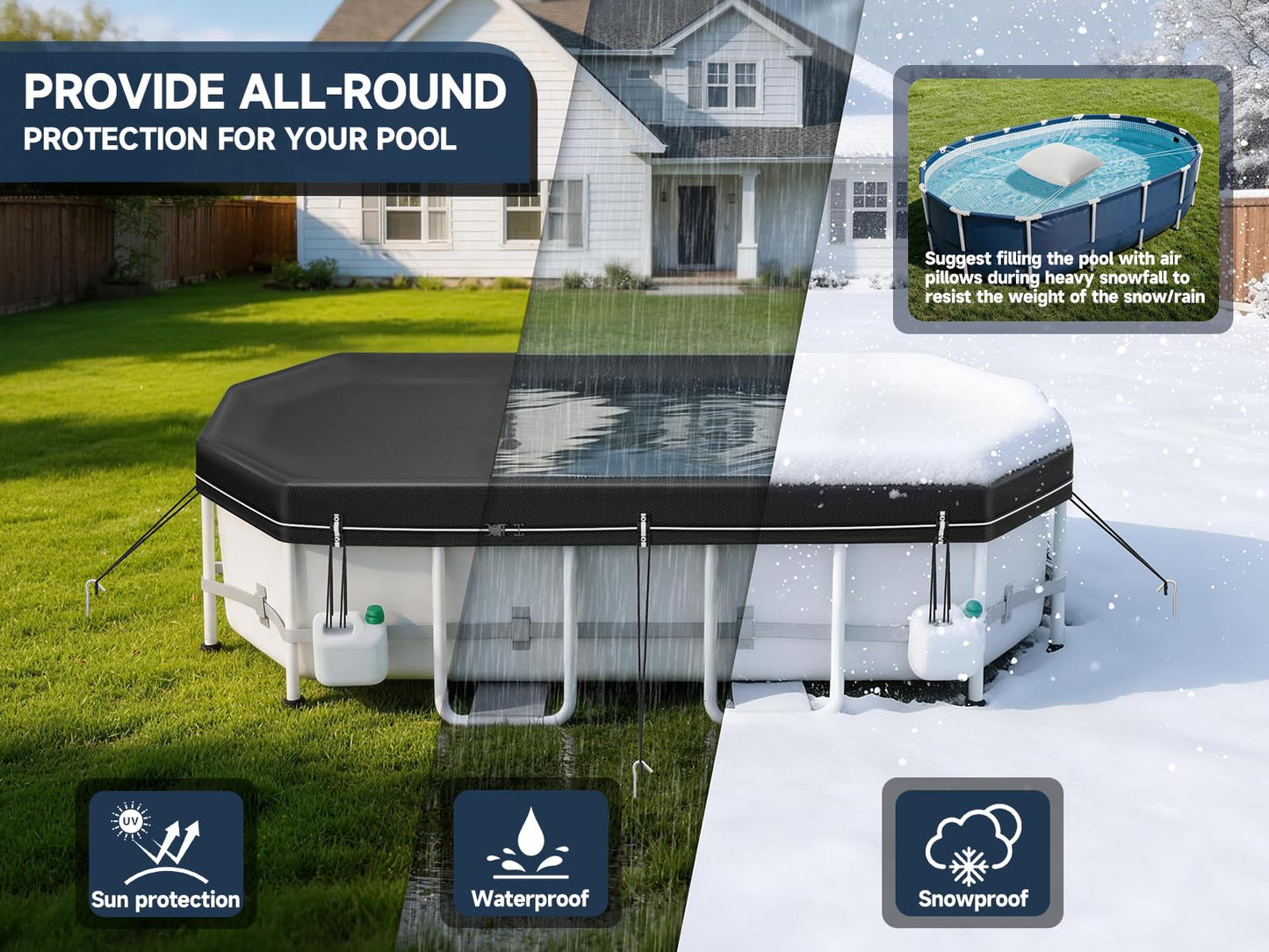 LXKCKJ 10X16 FT Pool Covers for Above Ground Pools, Solar Oval Pool Cover with Accessories Set, Integrated Design Rectangular Pool Cover Ideal for Waterproof, Dustproof, Windproof