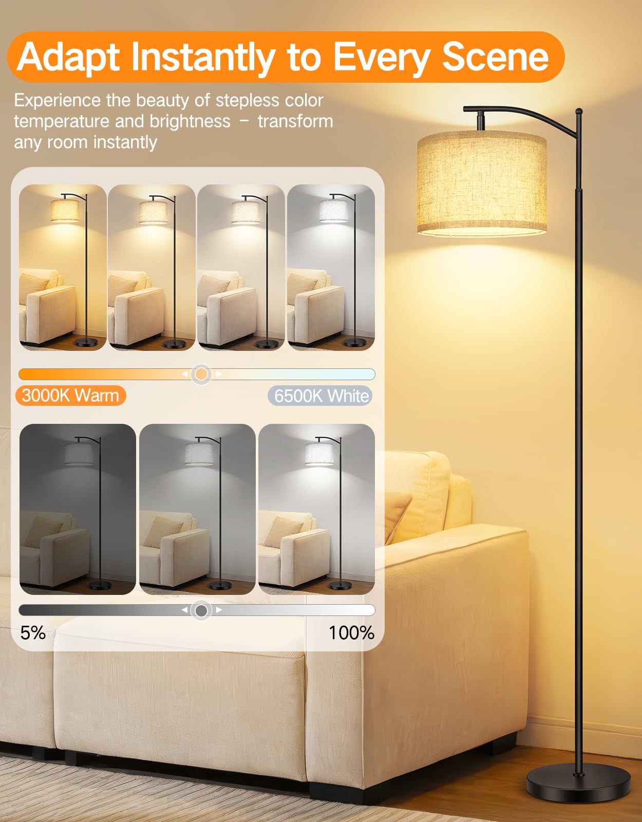 OUTON Arc Floor Lamp with Remote and Foot Switch, Dimmable Standing Lamp with 4 Color Temperatures, 5%-100% Brightness, Adjustable Head, 1-Hour Timer, Memory Function for Living Room Office