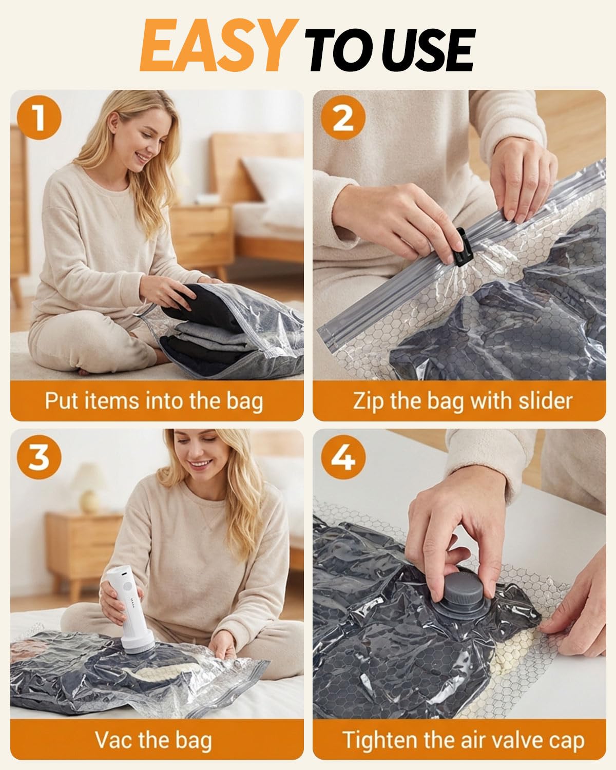 Travel Vacuum Bags with Cordless Pump, Vacuum Bags for Travel, Vacuum Sealer Bags for Clothes, Space Saver Vacuum Storage Bags for Luggage, Reusable Vacuum Packing Bags for Clothing & Bedding, 15 Pack