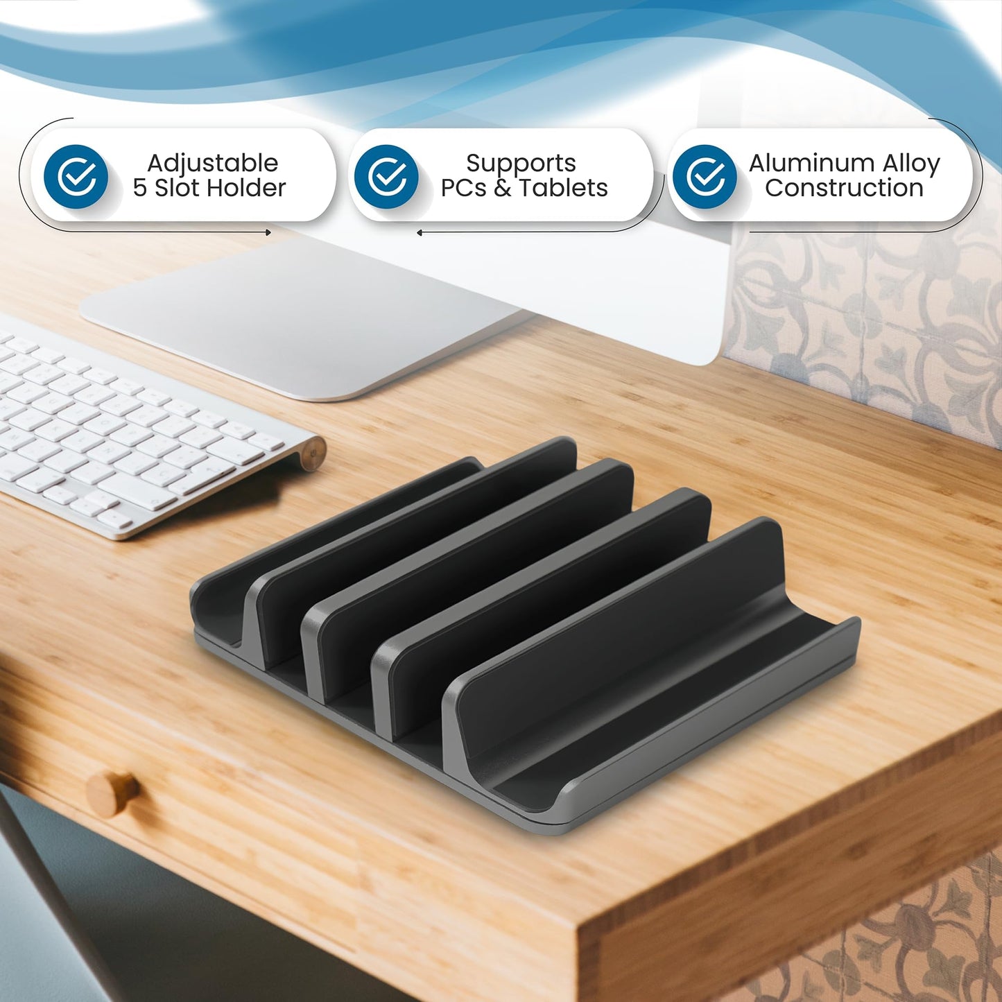 Multiple Laptop Holder Vertical – Adjustable Laptop Vertical Stand Holds 5 Devices, Fits All MacBooks Laptops Tablets and Mobiles (up to 17.3”). Closed Upright Vertical Laptop Stand for Desk (Black)