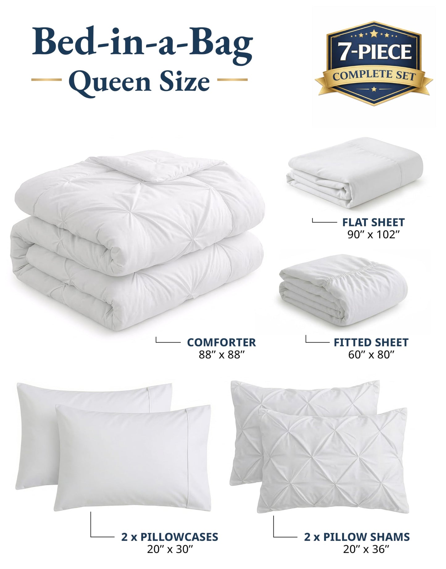 Lane Linen Queen Bed in a Bag 7 Piece - Pintuck Comforter Set with Sheets - Ultra Soft Microfiber Bedding Set, Wrinkle-Free - White