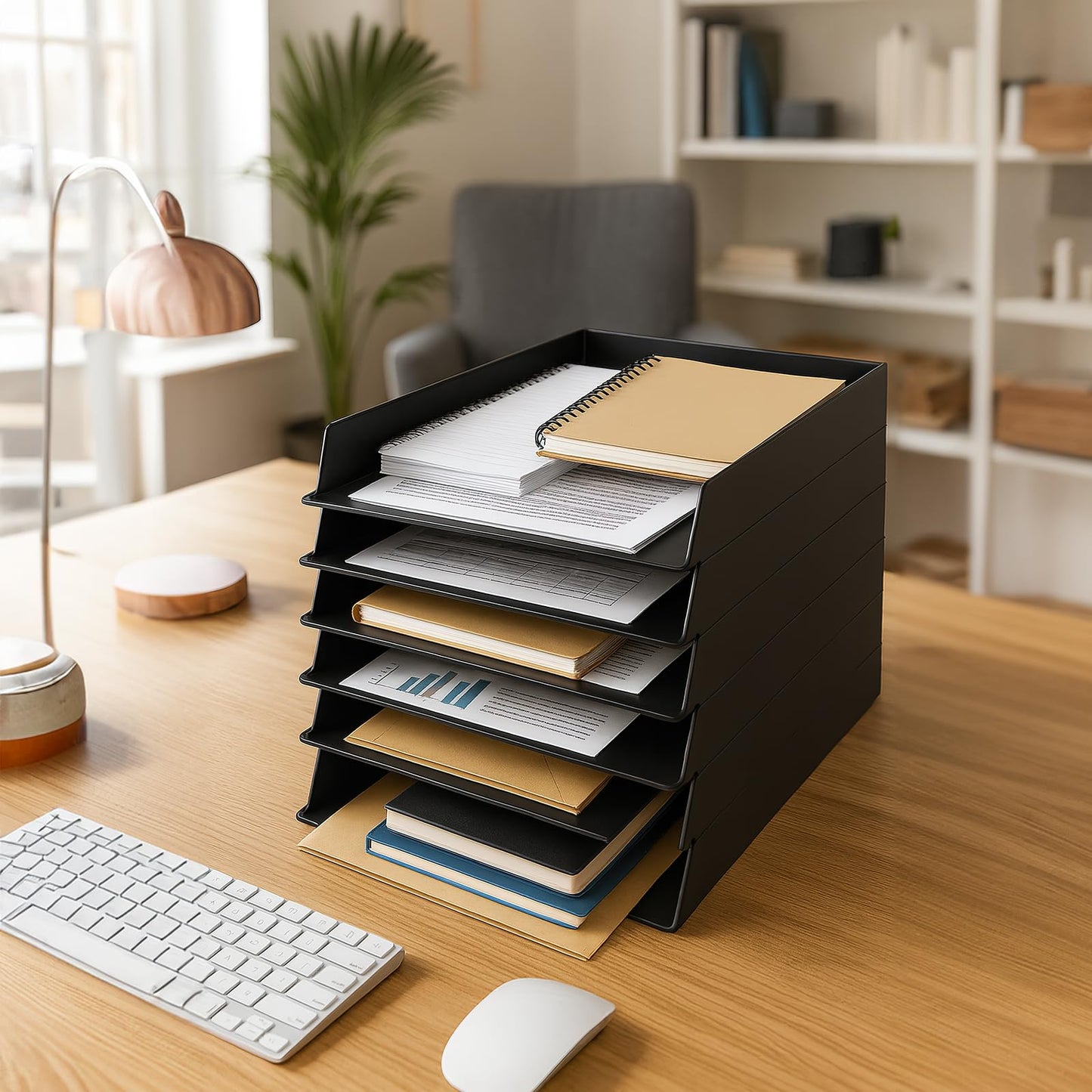 6 Pcs Stackable Paper Trays Rectangular Plastic Desk Holder Desktop Document File Organizer Storage Letter for Office Classroom (12.79" x 9.44" x 1.96", Black)