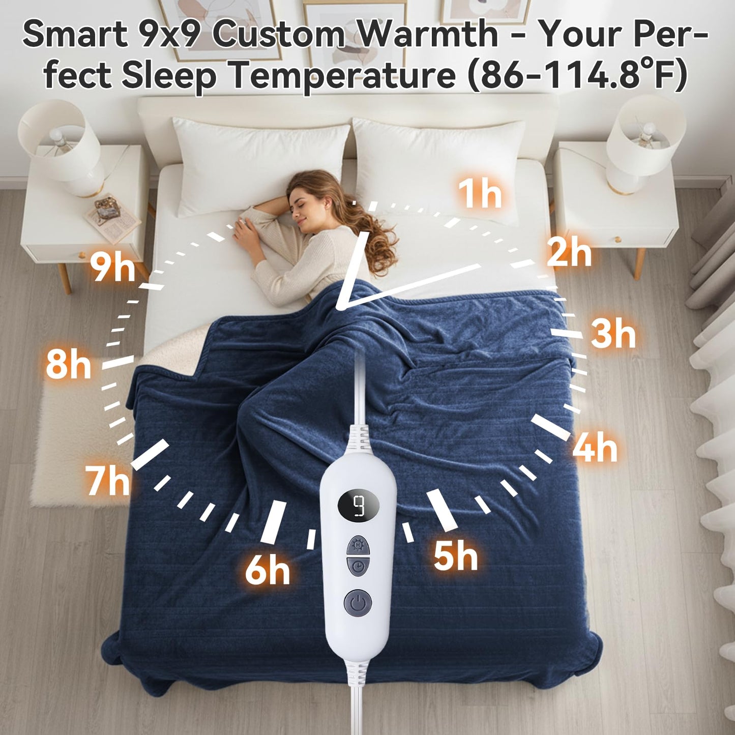Qoosea Heated Blanket Throw Electric Blanket Twin Throw 50 * 60 inch with 9 Heating Levels 9 Timer Settings Auto Shut Off Soft Flannel Heating Blanket Wrap Warm for Home Office Room Blue
