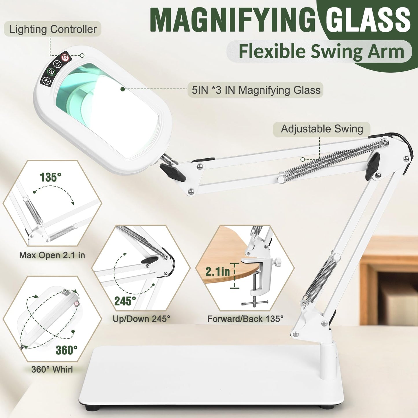 12X Rectangle Magnifying Glass with Light and Stand, 5 Color Modes Stepless Dimmable, 2-in-1 LED Desk Lamp with Clamp, Hands Free Lighted Magnifier for Reading Crafts Repair Painting Close Work White