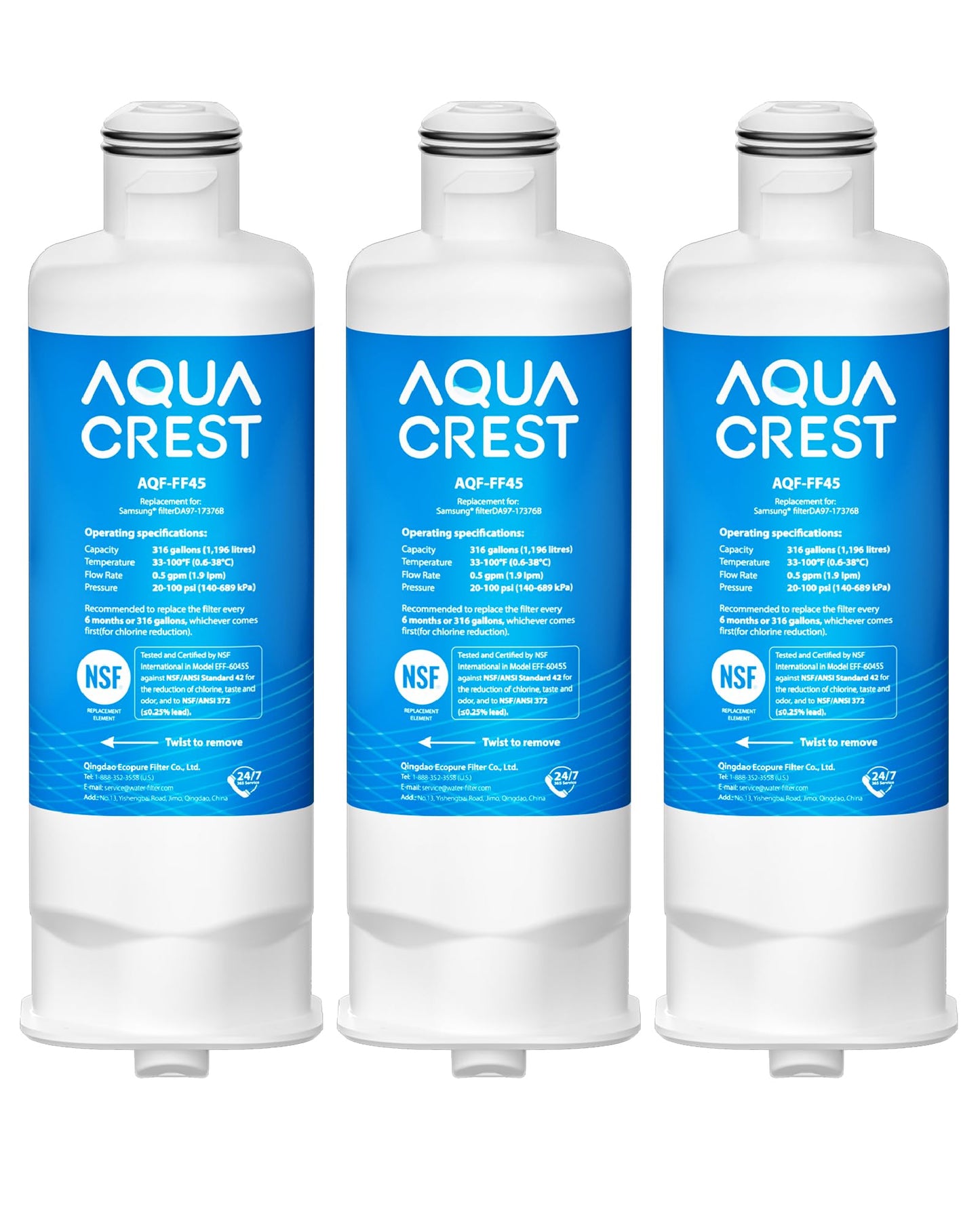 AQUA CREST AQF-FF45 Replacement for Samsung® DA97-17376B, DA97-08006C, HAF-Qin, HAF-Qin/EXP, RS27T5200SR, RF28T5001SR, RF24R7201SR, RF28R6201SR, Refrigerator Water Filter (Pack of 3)
