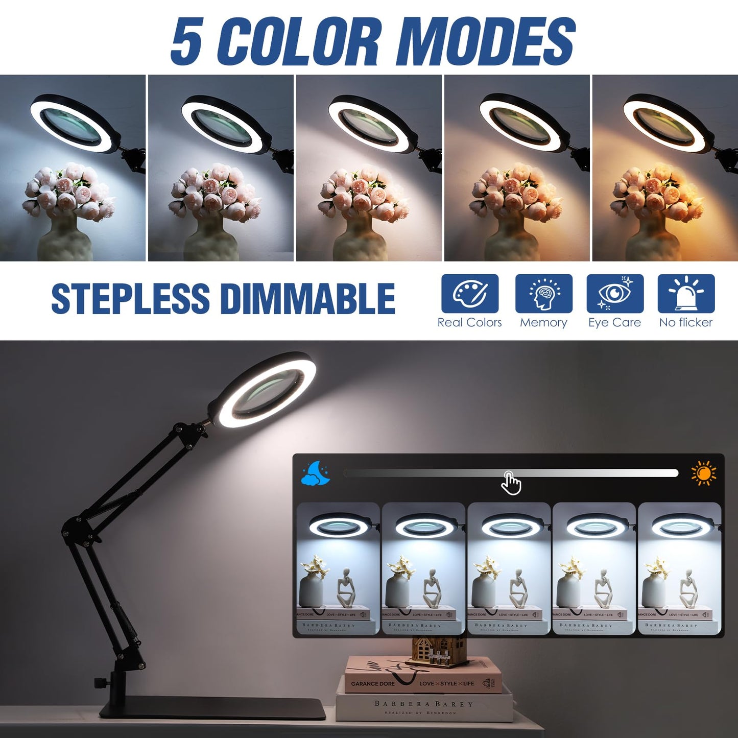15X 5 Inch Large Magnifying Glass with Light and Stand, 2-in-1 LED Lighted Magnifier, 5 Color Modes Stepless Dimmable, Hands Free Magnifying Desk Lamp with Clamp for Craft Hobby Repair Close Works