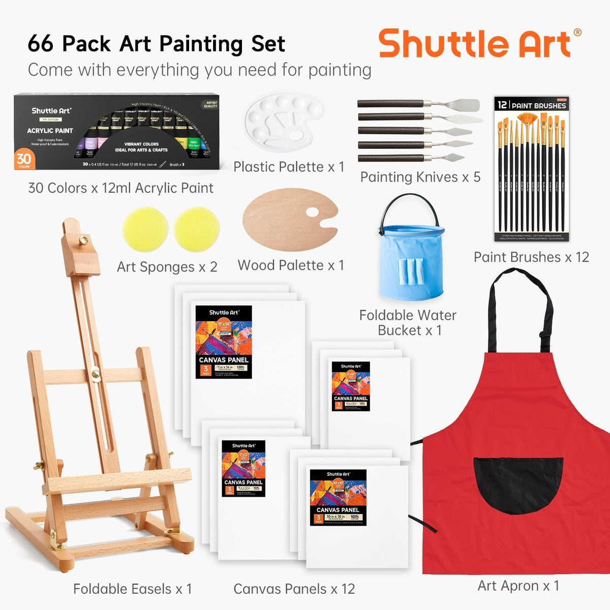 Shuttle Art 66 Pack Acrylic Paint Set, Acrylic Painting Set with 30 Colors Acrylic Paint, Wooden Easel, Painting Canvas, Paint Brushes, Palettes, Art Painting Supplies for Kids Adults Beginner Artists