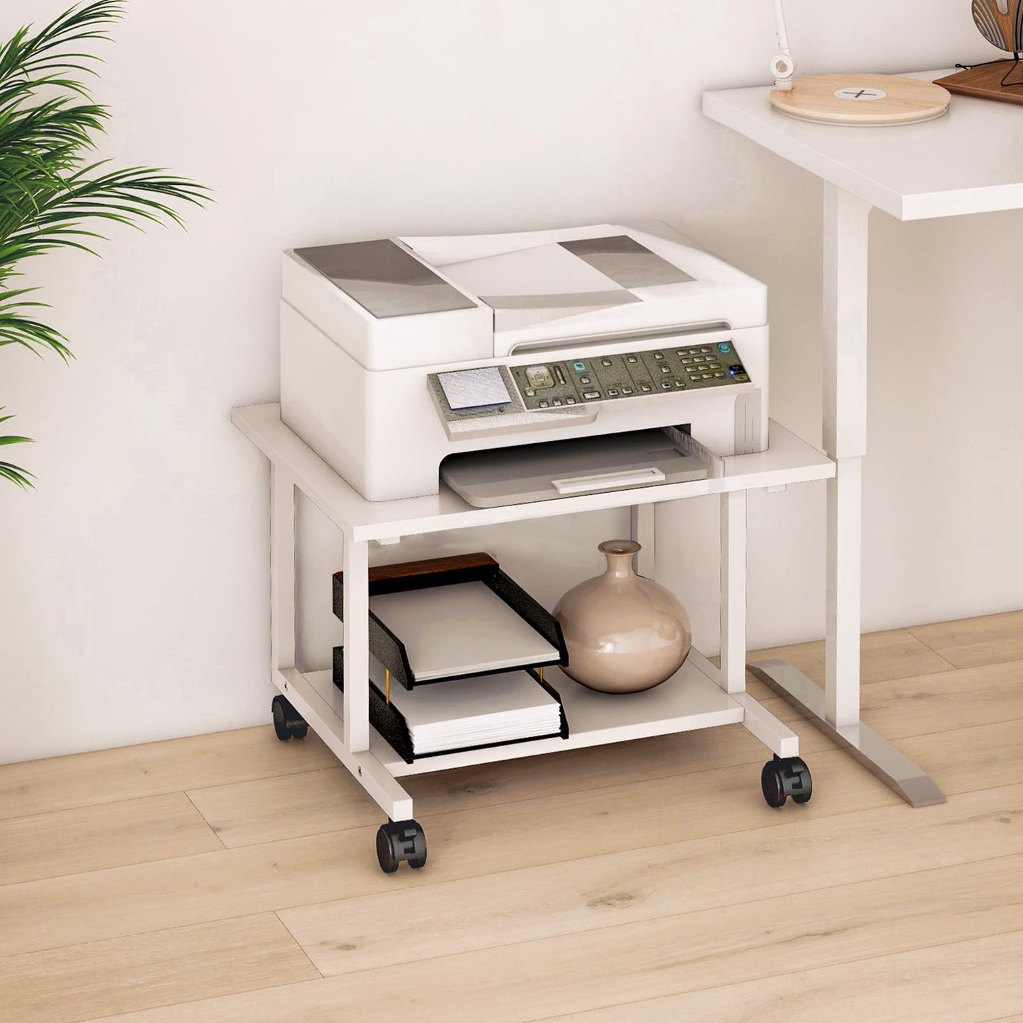 Livofloral Under Desk Printer Stand, Mobile Printer Table for Home Office, Printer Trolley with Wheels, Large Printer Stand, Printer Trolley for Desk, White