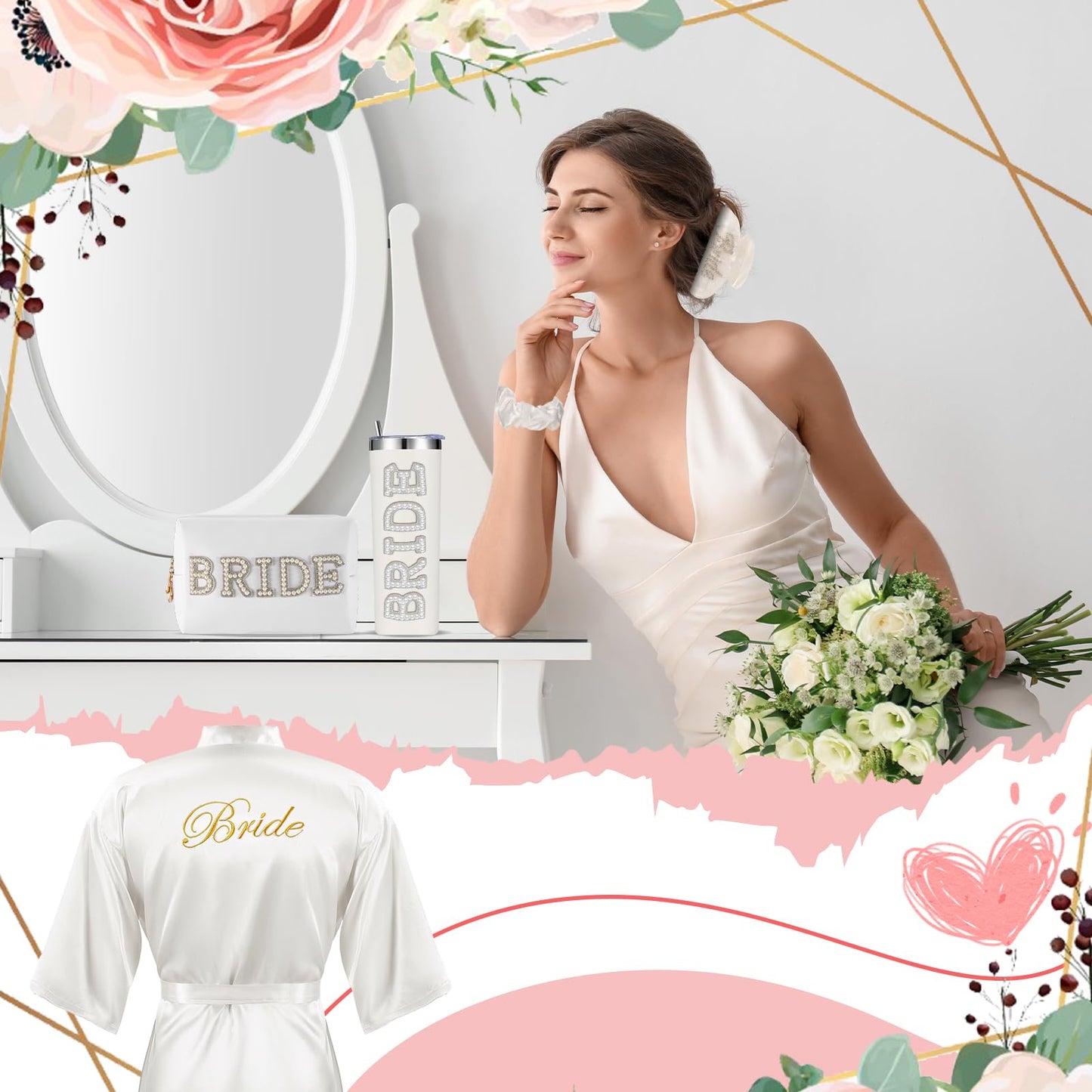 Toulite 5 Pcs Bridal Shower Gifts, Include Bride Robe Soft Kimono Robe, Bride Tumbler Cup, Claw Clip Hair Clip, Bridesmaid Proposal Gift Scrunchies, Cosmetic Travel Toiletry Bag for Women Party Favors