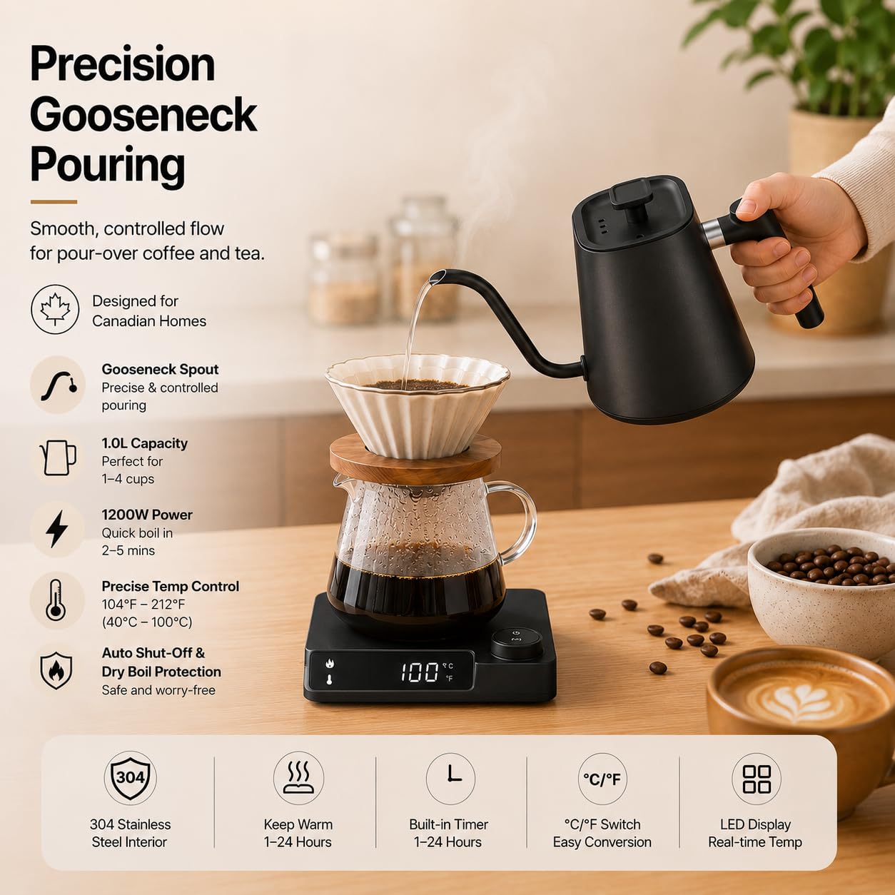 VICBINLY Electric Gooseneck Kettle, 1.0L Pour Over Kettle and Coffee Kettle, 100% Stainless Steel Inner Lid and Bottom, 1200 Watt Quick Heating, Matte Black TKBK02G