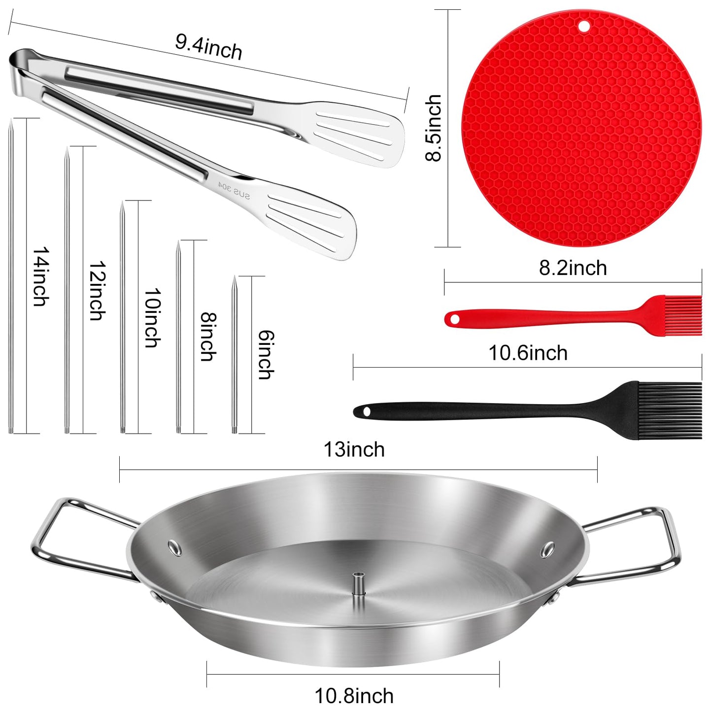 Al Pastor Skewer for Grill, 13 Inch Brazilian Spit Stand with 5 Spikes & 2 Brushes, Tong, Pad, Stainless Steel Vertical Sticks, Gyro Pan with Fat Separator for Tacos Al Pastor, Shawarma, Chicken