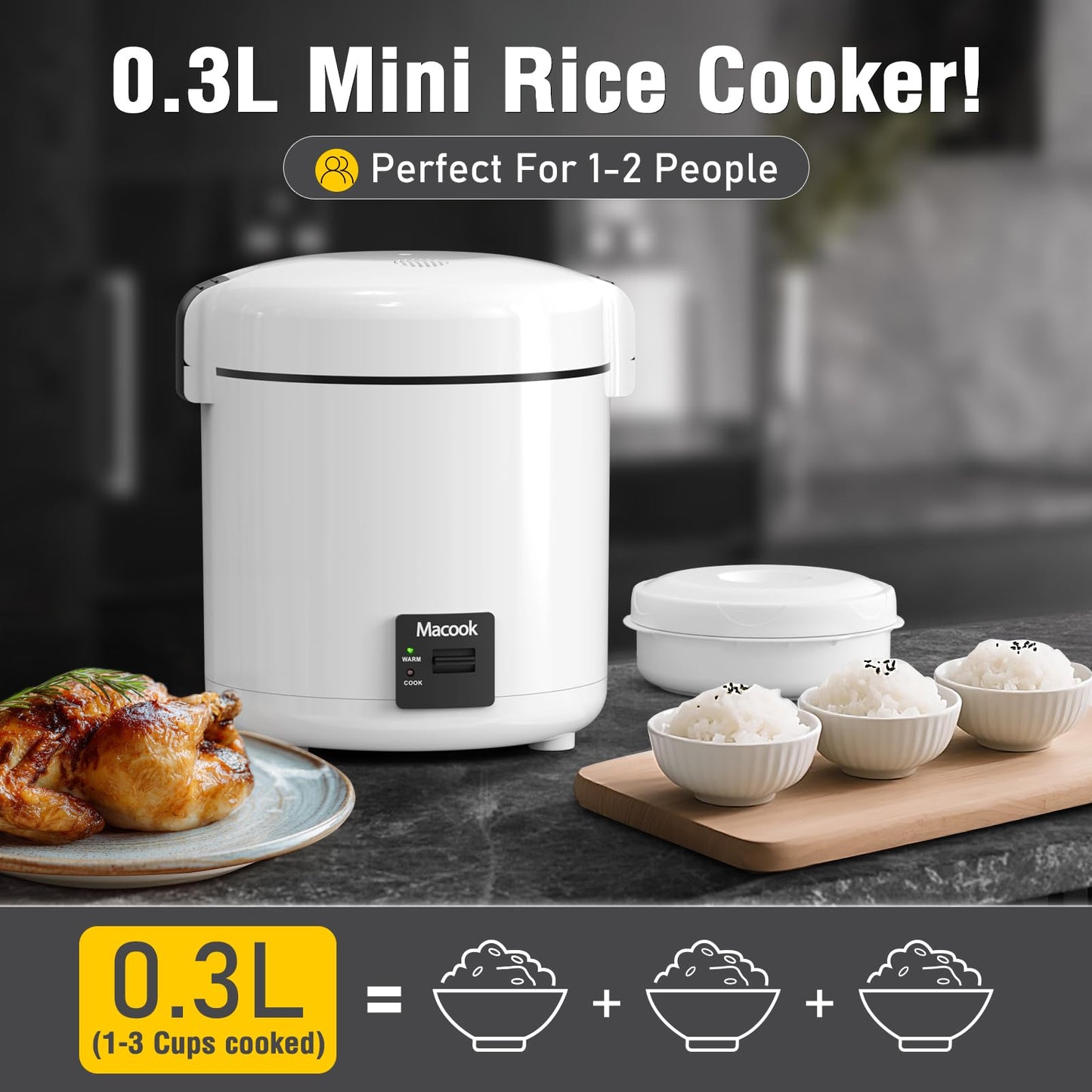 Macook Rice Cooker Small, 3-Cup Cooked (1.5 Cup Uncooked) Mini Rice Maker with Bento Box & Nonstick Pot - for Grains, Soup, Oatmeal, Keep Warm, Black