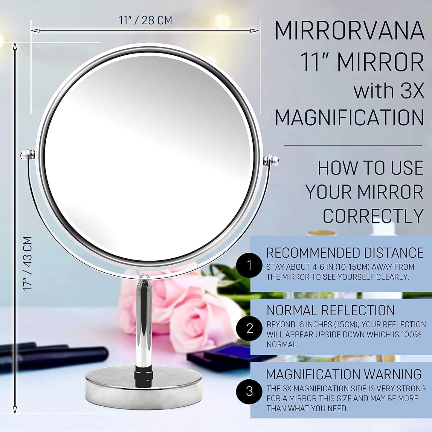 3X Magnifying Mirror on Stand - Round Makeup Table Mirror for Vanity, Bathroom and Retail Store - 3X and 1X Magnification - 28cm Wide, 43cm Tall