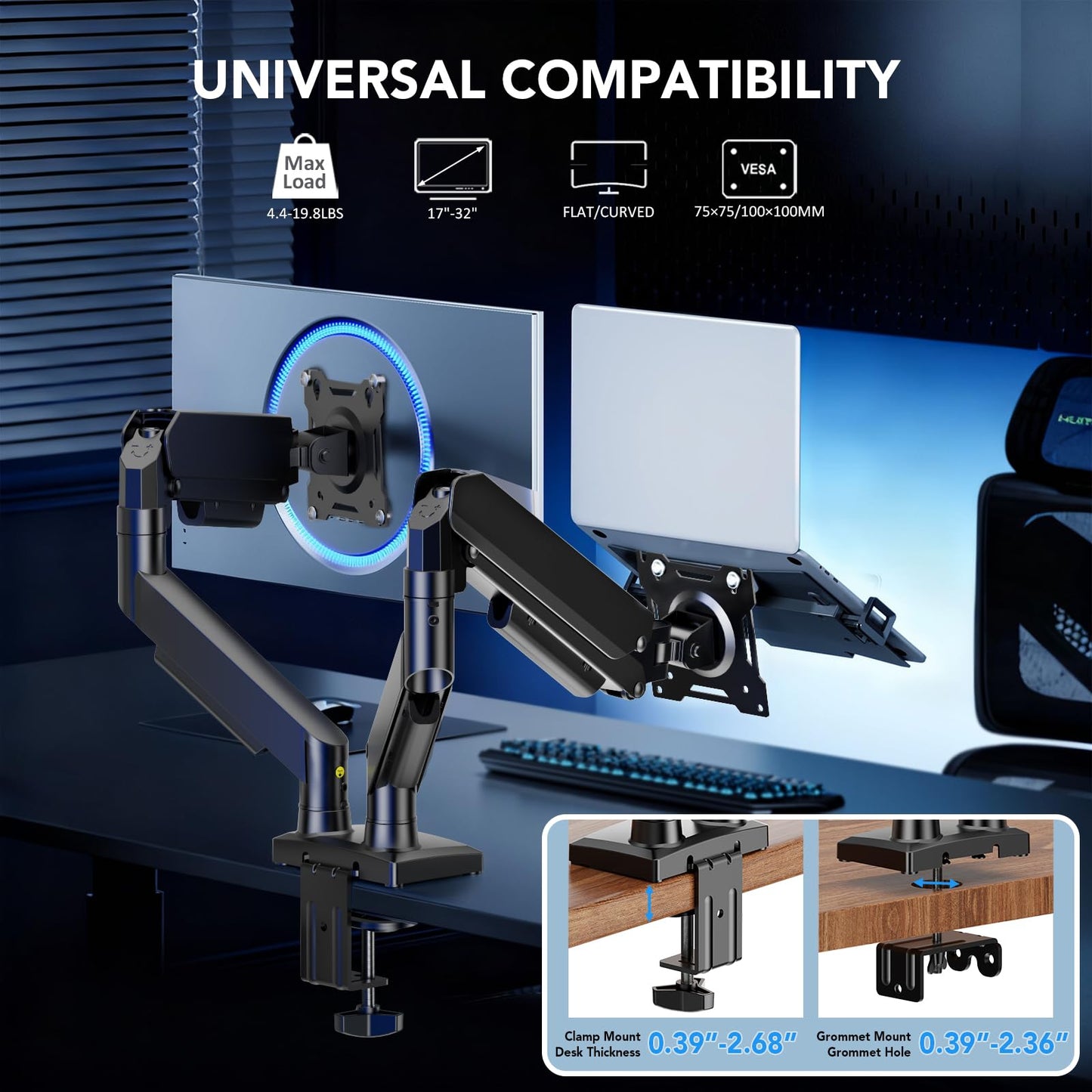 AX WABER Dual Monitor Stand, Adjustable Monitor Desk Mount for 17″–32″ Computer Screens, Full Motion VESA 75x75/100x100 with C-Clamp & Grommet Aluminum Base, Each Arm Holds 4.4 to 20 lbs AX09DB201