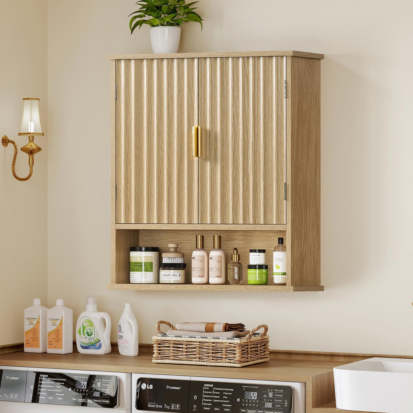 FIONESO Bathroom Wall Cabinet, Bathroom Storage Cabinet with 2 Barn Doors & Adjustable Shelf, Over The Toilet Wall Storage Cabinet, Medicine Cabinet, Laundry Cabinet, 13D x 55W x 60H cm, Natural