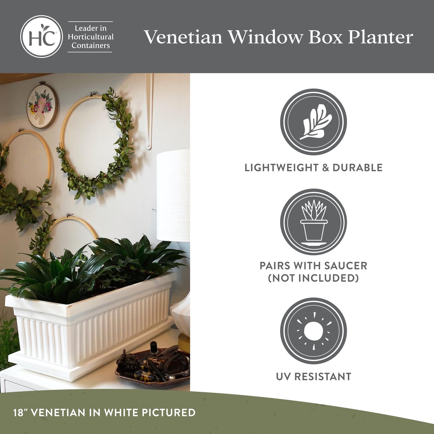 The HC Companies Venetian Window Planter Box w/Drain Plug - Long Planter Box for Windowsills, Balconies & More - Plastic Large Rectangular Planters for Herbs & Flowers (24" Sandstone, Pack of 2)