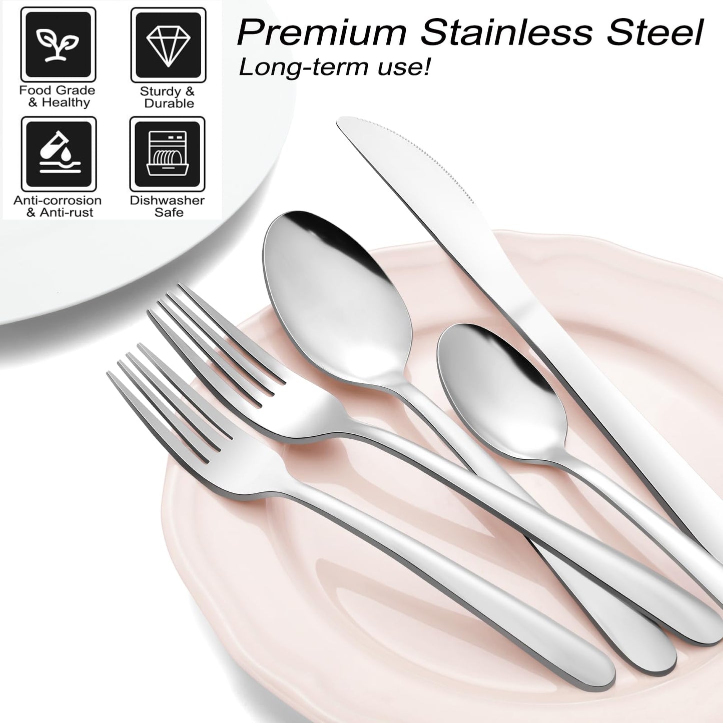 Pleafind 72-Pcs Cutlery Set, Silverware Sets with Steak Knives, Stainless Steel Flatware Set, Cutlery Include Knife Fork and Spoon, Dishwasher Safe Utensil Sets for Home Restaurant