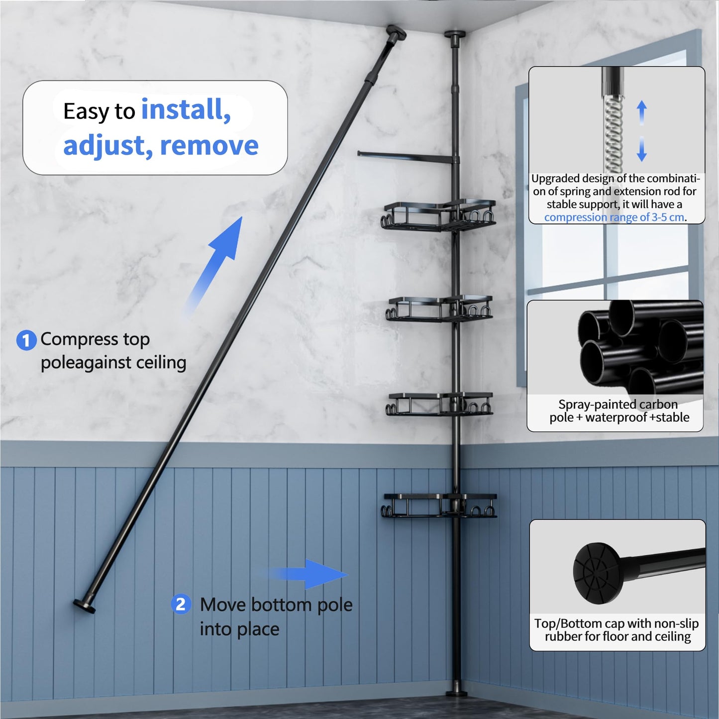 H Hawsam Shower Caddy Corner Tension Pole with 4 Tier Metals Baskets Rustproof Shower Shelves Corner Standing Large Bathroom Shower Storage Organizer Shelf Adjustable Height from 32 to 123 In