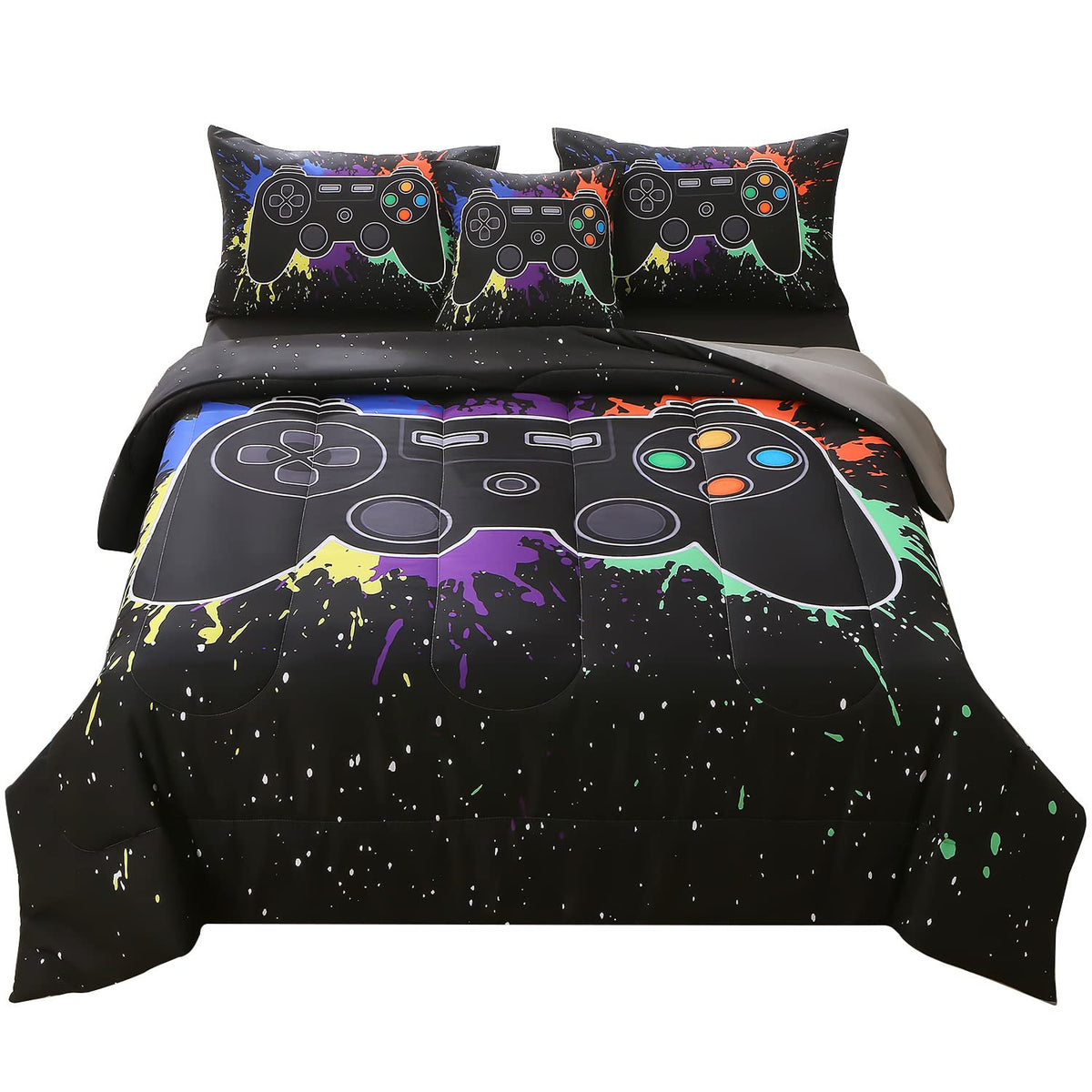 JQinHome Full Gamer Comforter Sets for Boys, 6 Piece Bed in A Bag 3D Video Game Bedding -All Season Soft Microfiber Gamer Bedding Sets, with Pillowcases, Flat Sheet, Fitted Sheet, Cushion Cover