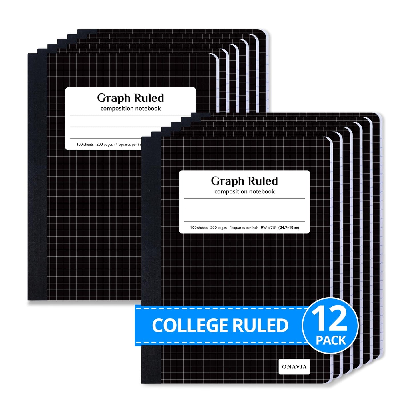 ONAVIA Graph Ruled Composition Notebook, 12 Pack, 9.75 x 7.5", 100 Sheets, Bulk Notebooks for Classroom, Engineering, Charts, Black