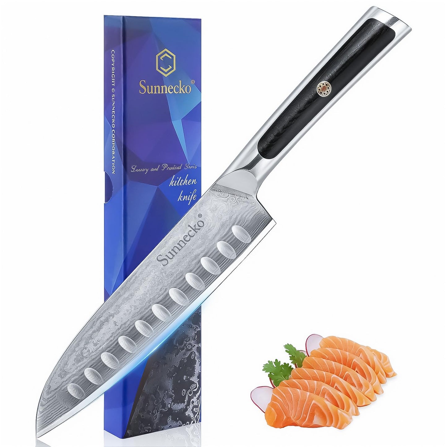 Sunnecko 7-Inch Santoku Knife with VG-10 Core, 72-Layer Damascus Steel Chef Knife, 15° Precision Edge, Full Tang Kitchen Knife with G10 Handle