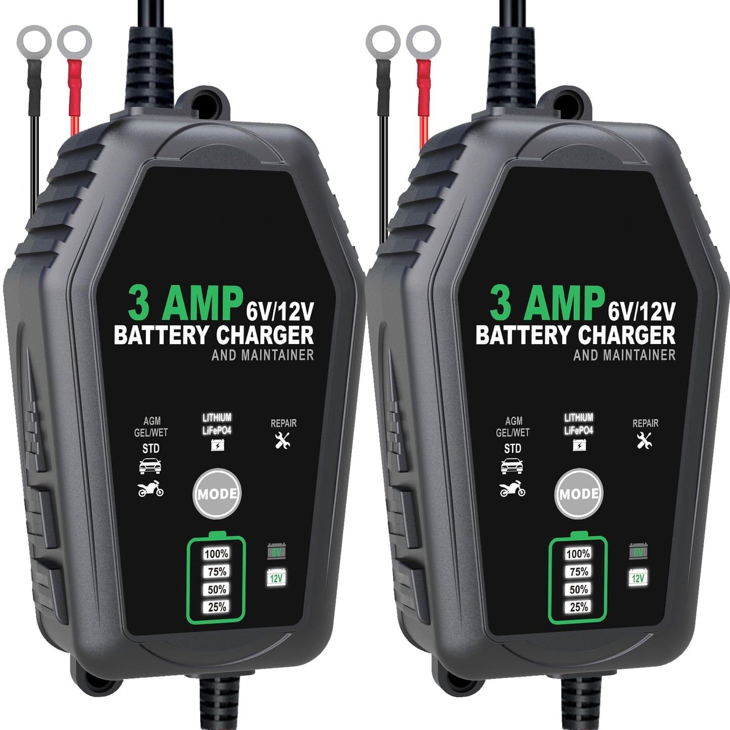 2 [Pack] 6V 12V Battery Charger Maintainer, 3-Amp Fully Automatic 6 Volt 12 Volt Lithium LiFepo4 Lead Acid Battery Trickle Charger Desulfator for Automotive,Boat,Motorcycle,Lawn Mower