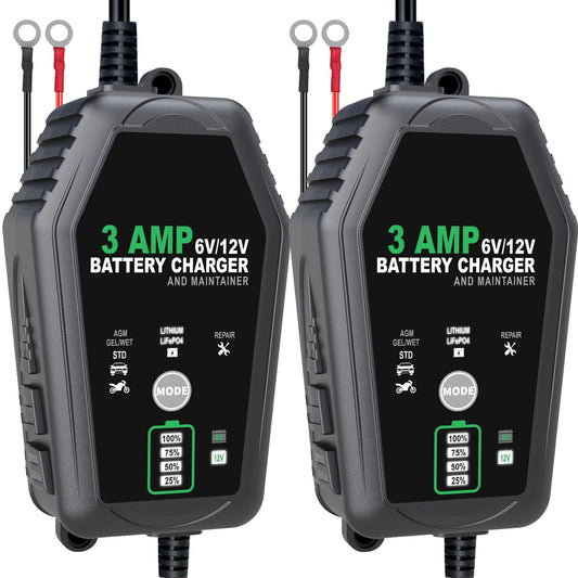 2 [Pack] 6V 12V Battery Charger Maintainer, 3-Amp Fully Automatic 6 Volt 12 Volt Lithium LiFepo4 Lead Acid Battery Trickle Charger Desulfator for Automotive,Boat,Motorcycle,Lawn Mower