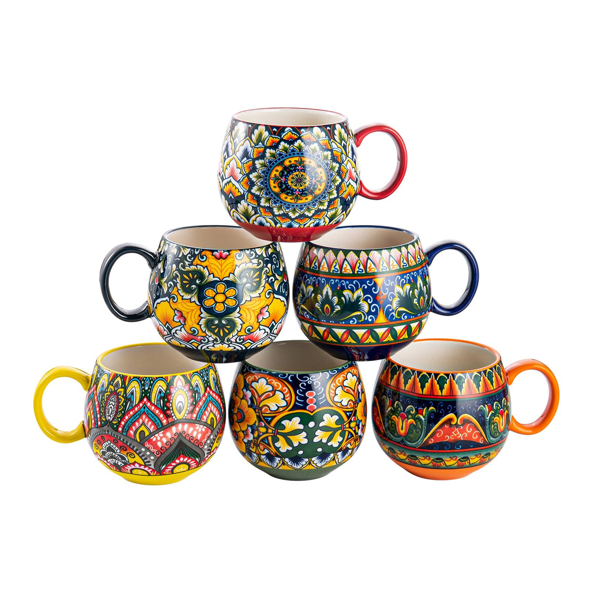 Henten Home Porcelain Latte Mug Set of 6, 20 oz Colorful Coffee Cup with Handle, Boho Ceramci Mug for Cappuccino, Milk, Tea, Hot Chocolate, Cocoa, Microwave & Dishwasher Safe