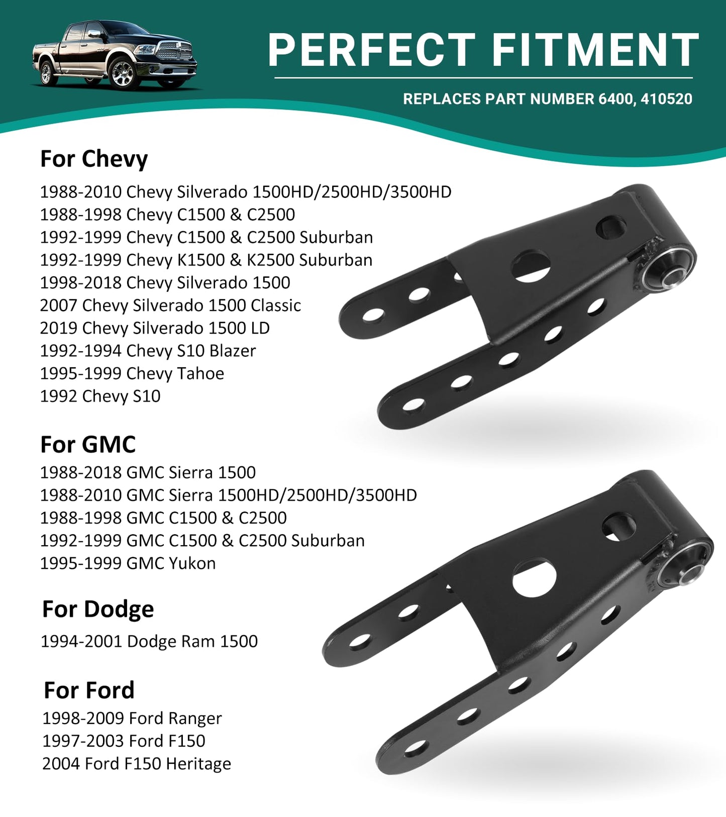 Camoo 2-3" Suspension Rear Drop Lowering Shackles kit Leaf Spring Drop Shackle Kit 6400 Compatible with Chevy Silverado GMC Sierra 1500 C1500 K1500 Dodge Ram Replaces # 6400 410520