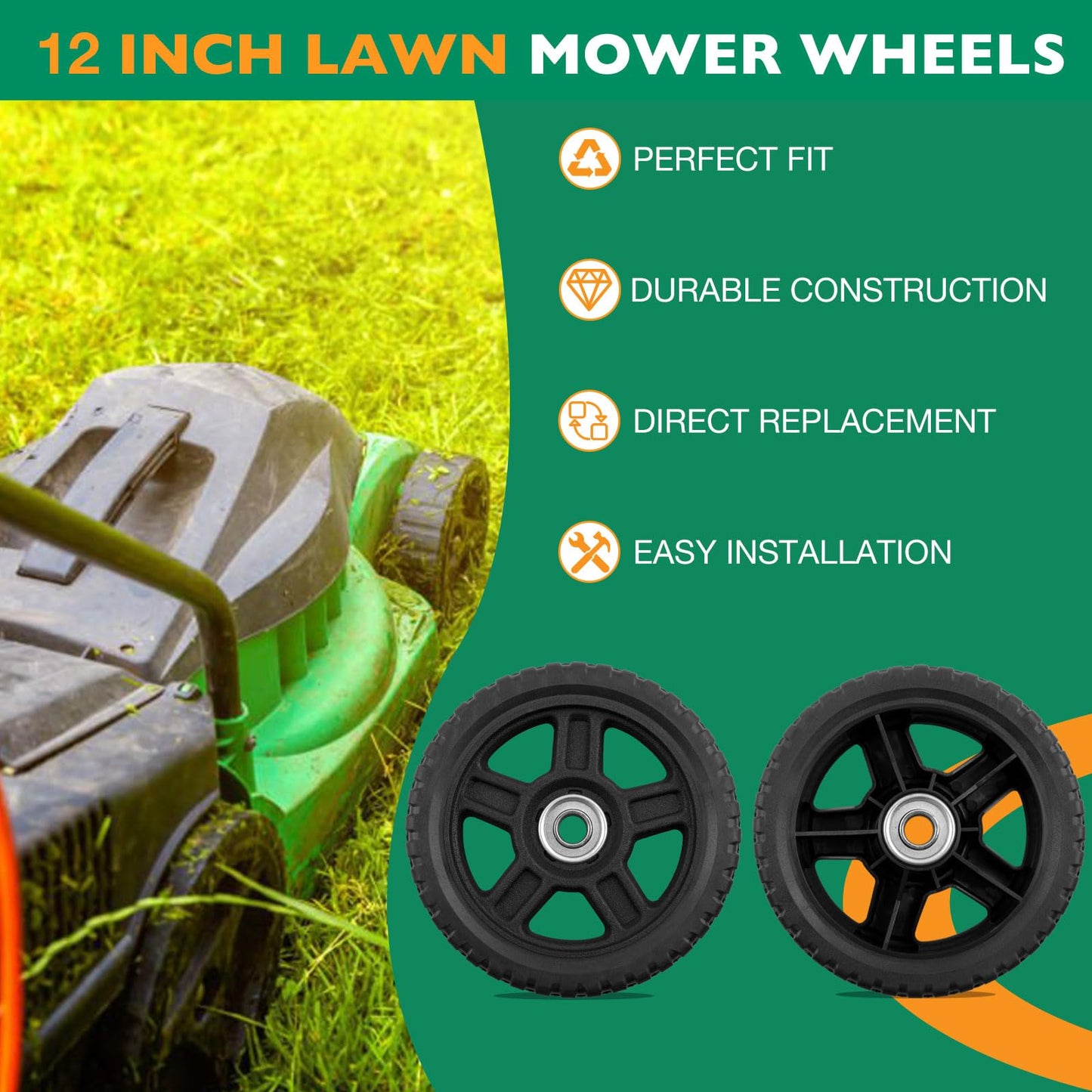HQPASFY 12 Inch Lawn Mower Wheels 2 Pack 12" Push Lawn Mower Wheels with Bolts & Nuts kits Fits Most Standard push Lawn Mowers (12"×1.75")
